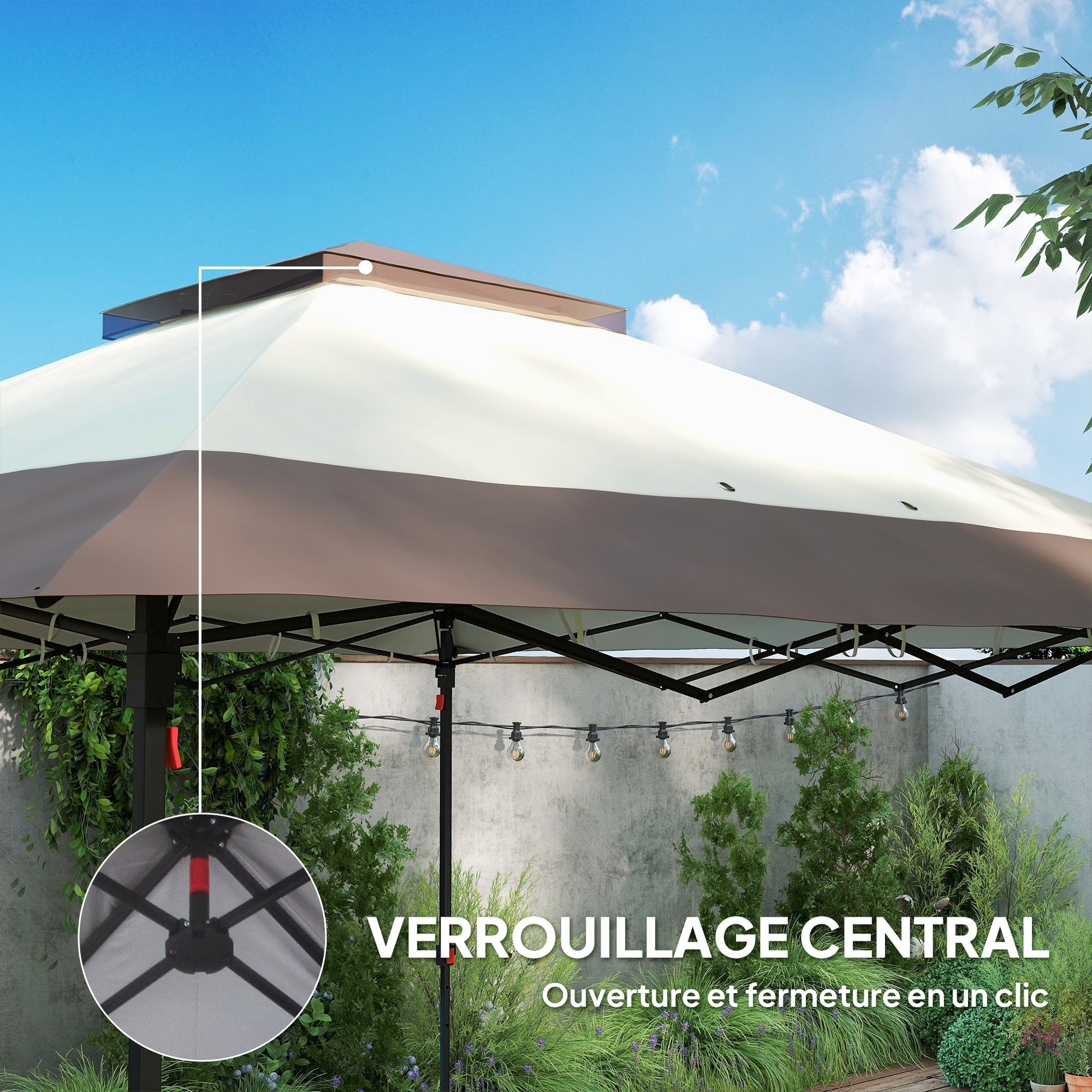 Outdoor Garden Gazebo Folding Gazebo 3.6x3.6m with Double Roof Steel Polyester Mosquito Nets + Transport Bag with Wheels Khaki Brown