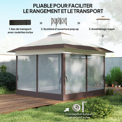 Outdoor Garden Gazebo Folding Gazebo 3.6x3.6m with Double Roof Steel Polyester Mosquito Nets + Transport Bag with Wheels Khaki Brown