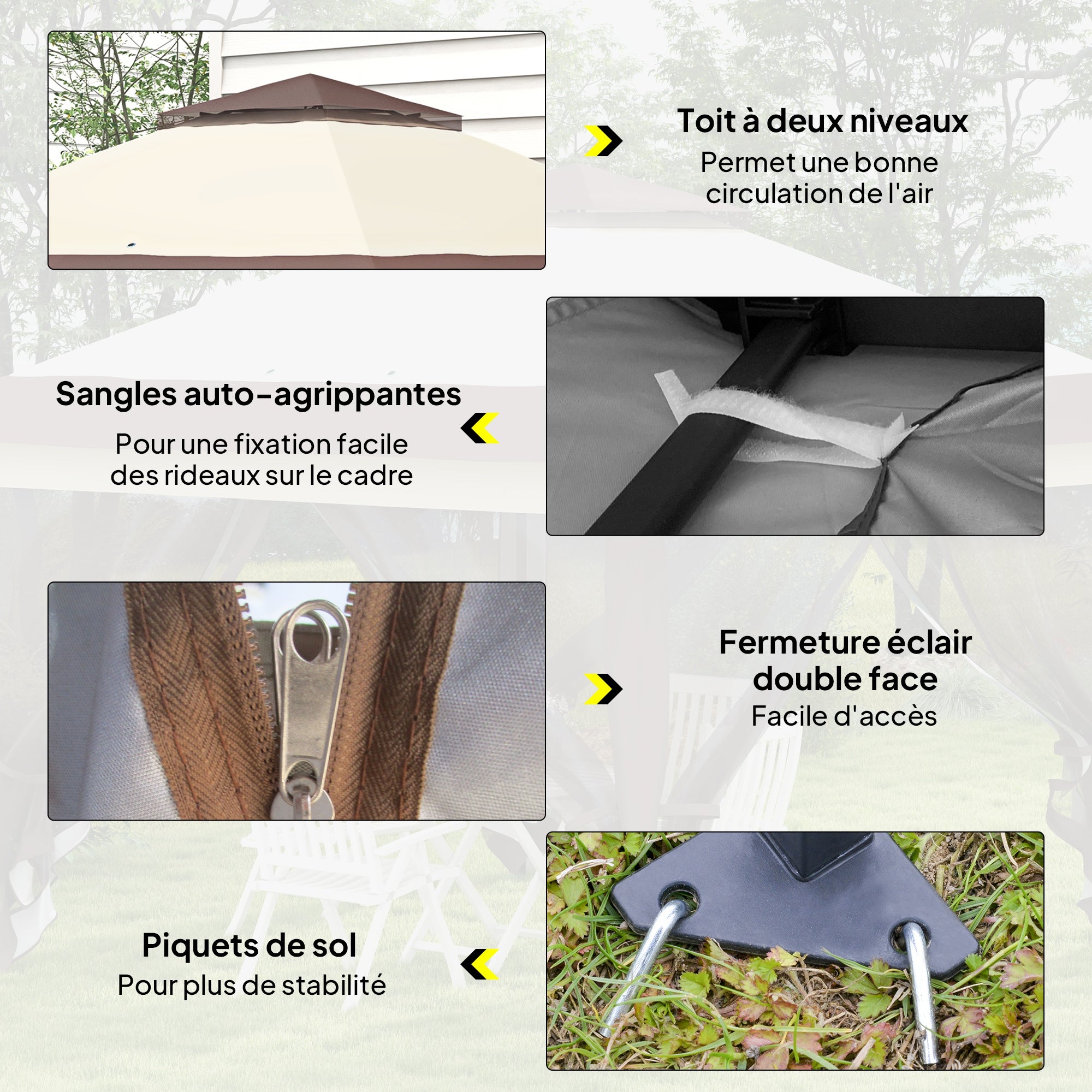 Outdoor Garden Gazebo Folding Gazebo 3.6x3.6m with Double Roof Steel Polyester Mosquito Nets + Transport Bag with Wheels Khaki Brown