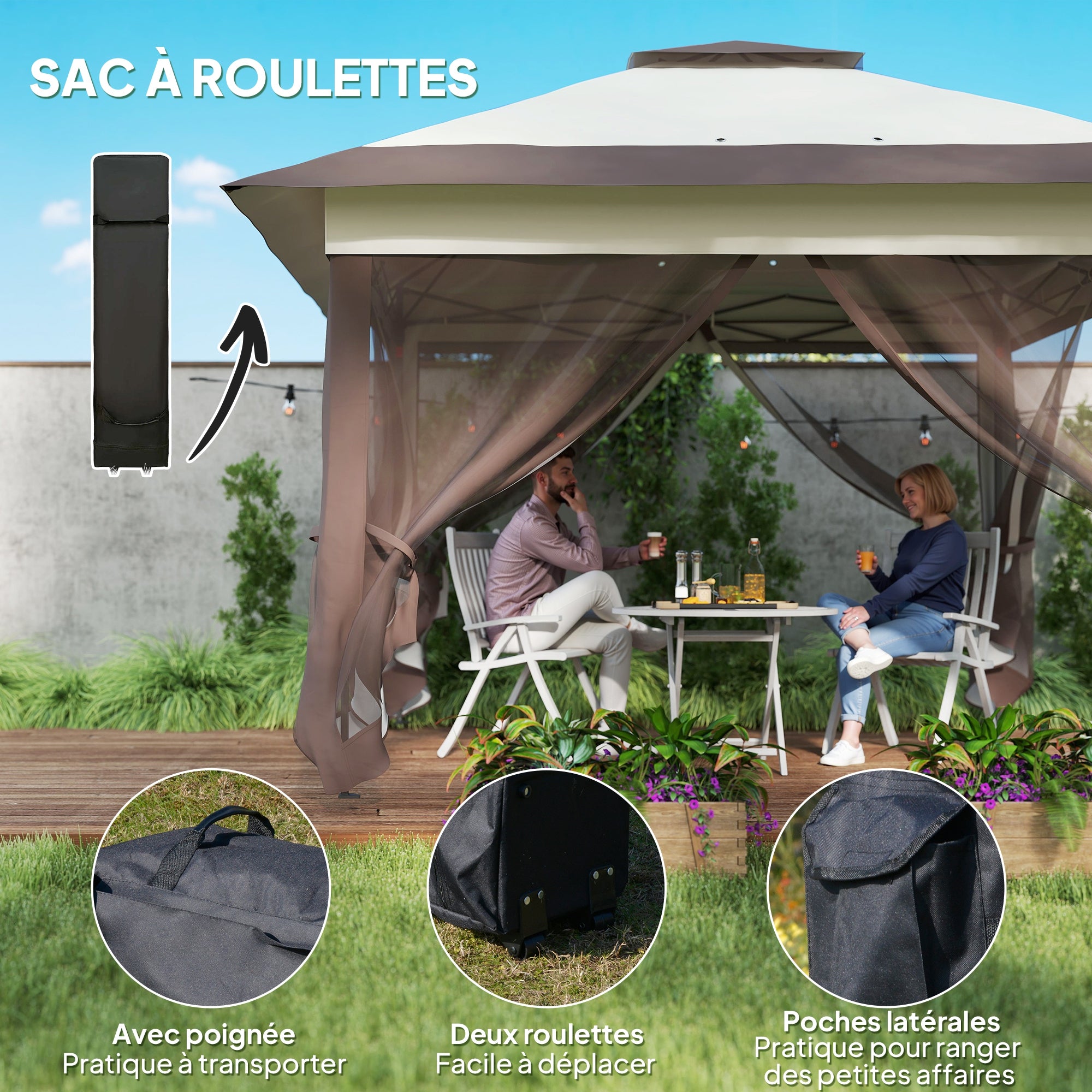 Outdoor Garden Gazebo Folding Gazebo 3.6x3.6m with Double Roof Steel Polyester Mosquito Nets + Transport Bag with Wheels Khaki Brown