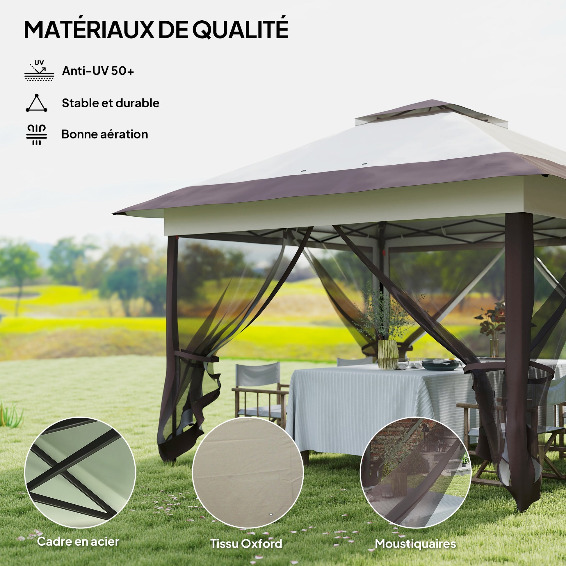 Outdoor Garden Gazebo Folding Gazebo 3.6x3.6m with Double Roof Steel Polyester Mosquito Nets + Transport Bag with Wheels Khaki Brown