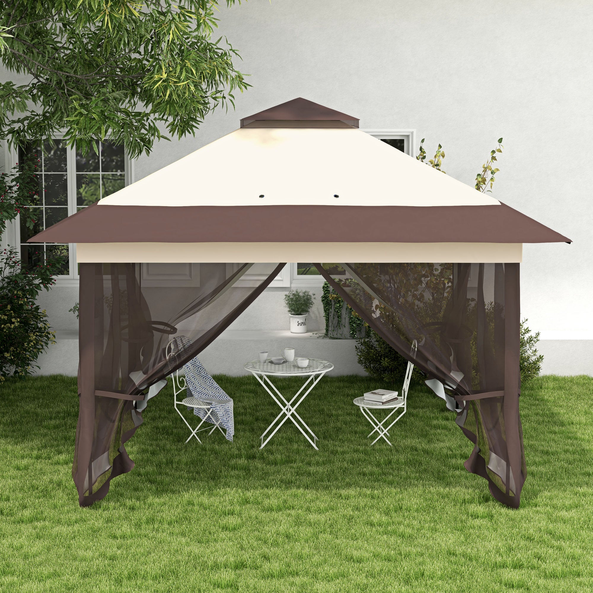 Outdoor Garden Gazebo Folding Gazebo 3.6x3.6m with Double Roof Steel Polyester Mosquito Nets + Transport Bag with Wheels Khaki Brown