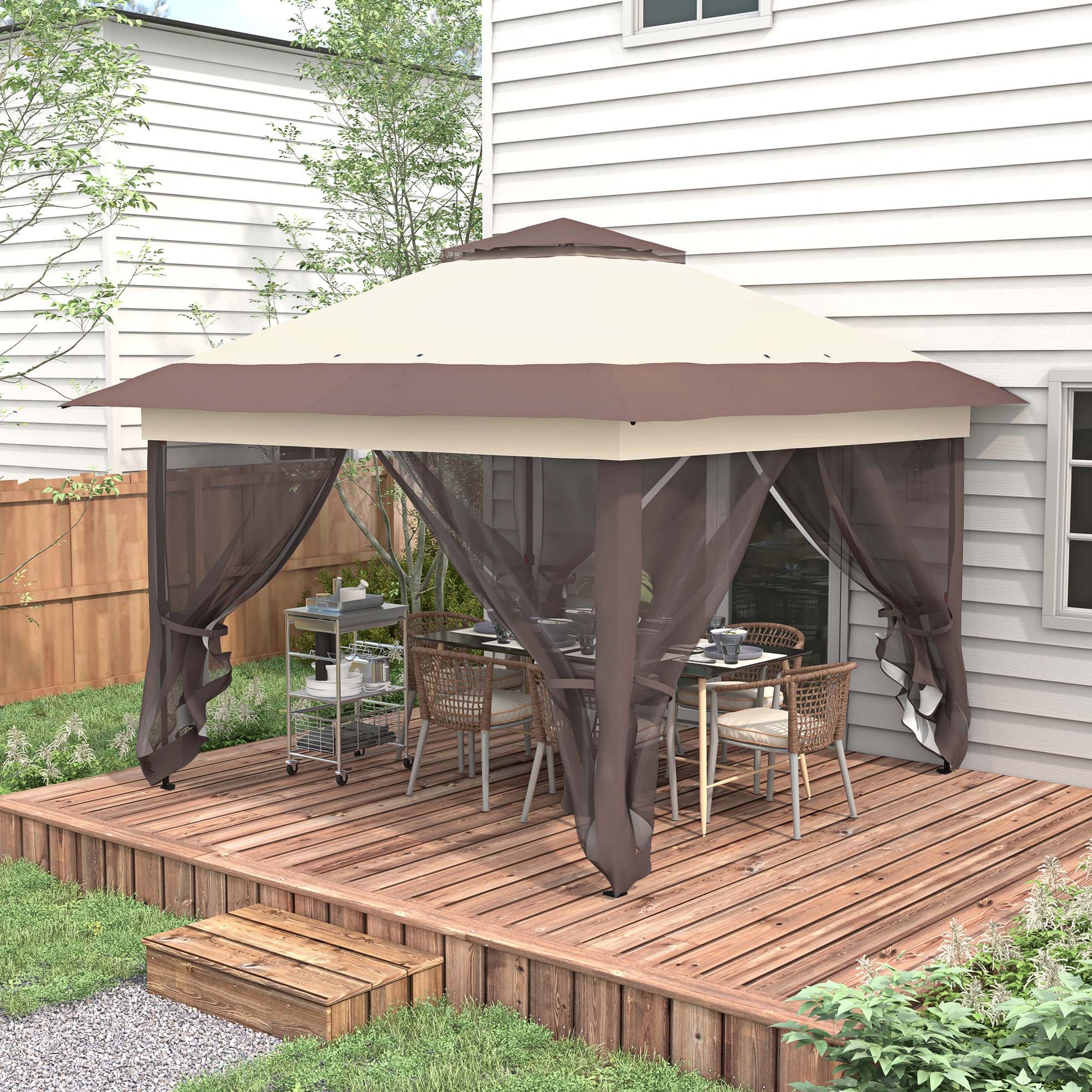 Outdoor Garden Gazebo Folding Gazebo 3.6x3.6m with Double Roof Steel Polyester Mosquito Nets + Transport Bag with Wheels Khaki Brown