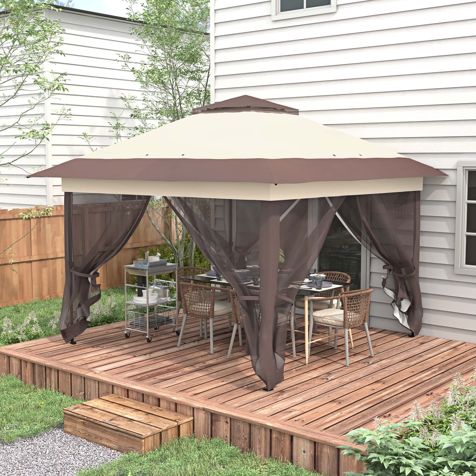 Outdoor Garden Gazebo Folding Gazebo 3.6x3.6m with Double Roof Steel Polyester Mosquito Nets + Transport Bag with Wheels Khaki Brown
