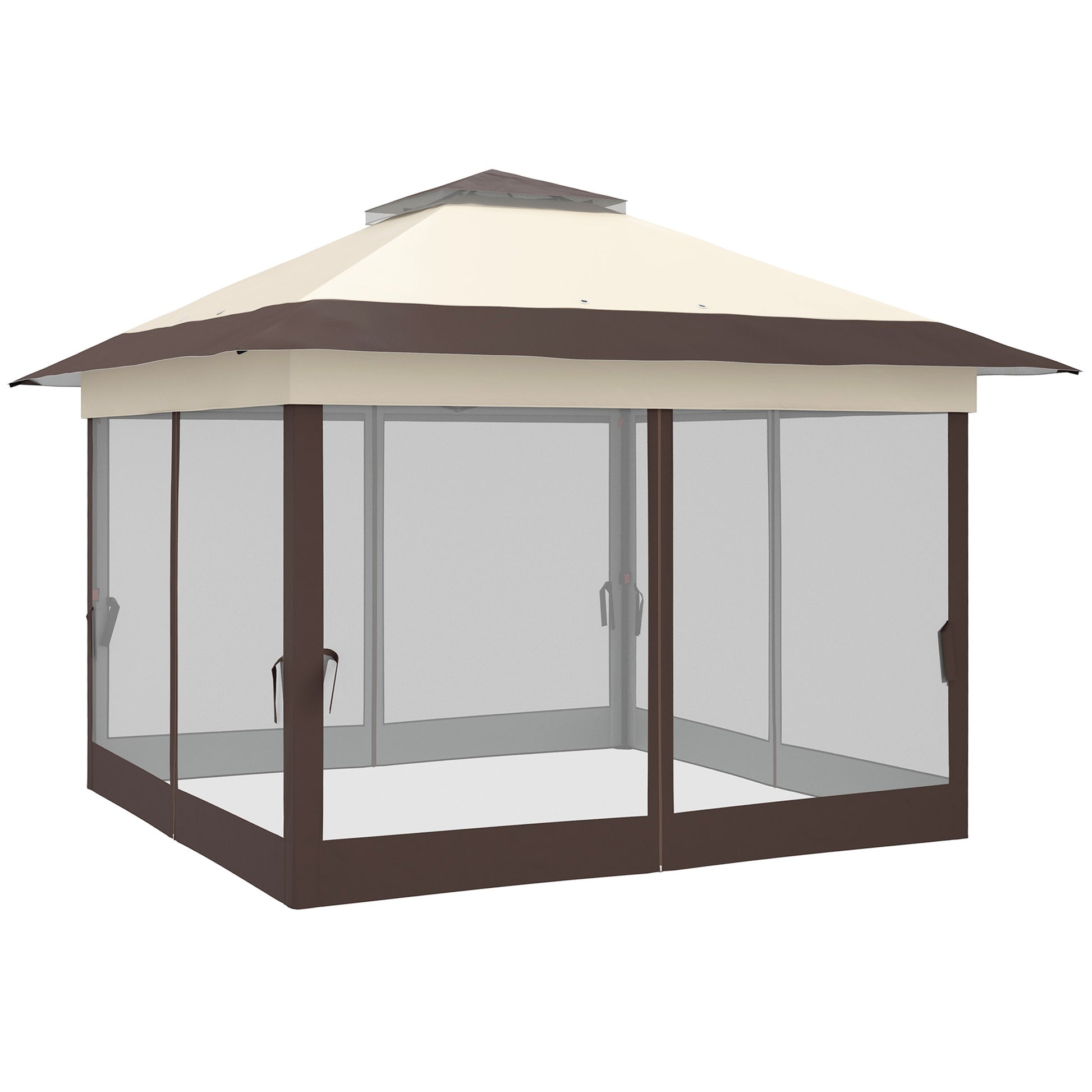 Outdoor Garden Gazebo Folding Gazebo 3.6x3.6m with Double Roof Steel Polyester Mosquito Nets + Transport Bag with Wheels Khaki Brown