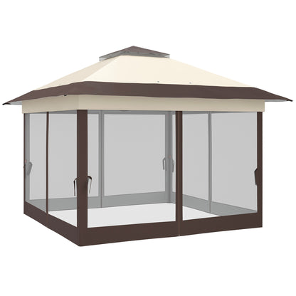 Outdoor Garden Gazebo Folding Gazebo 3.6x3.6m with Double Roof Steel Polyester Mosquito Nets + Transport Bag with Wheels Khaki Brown