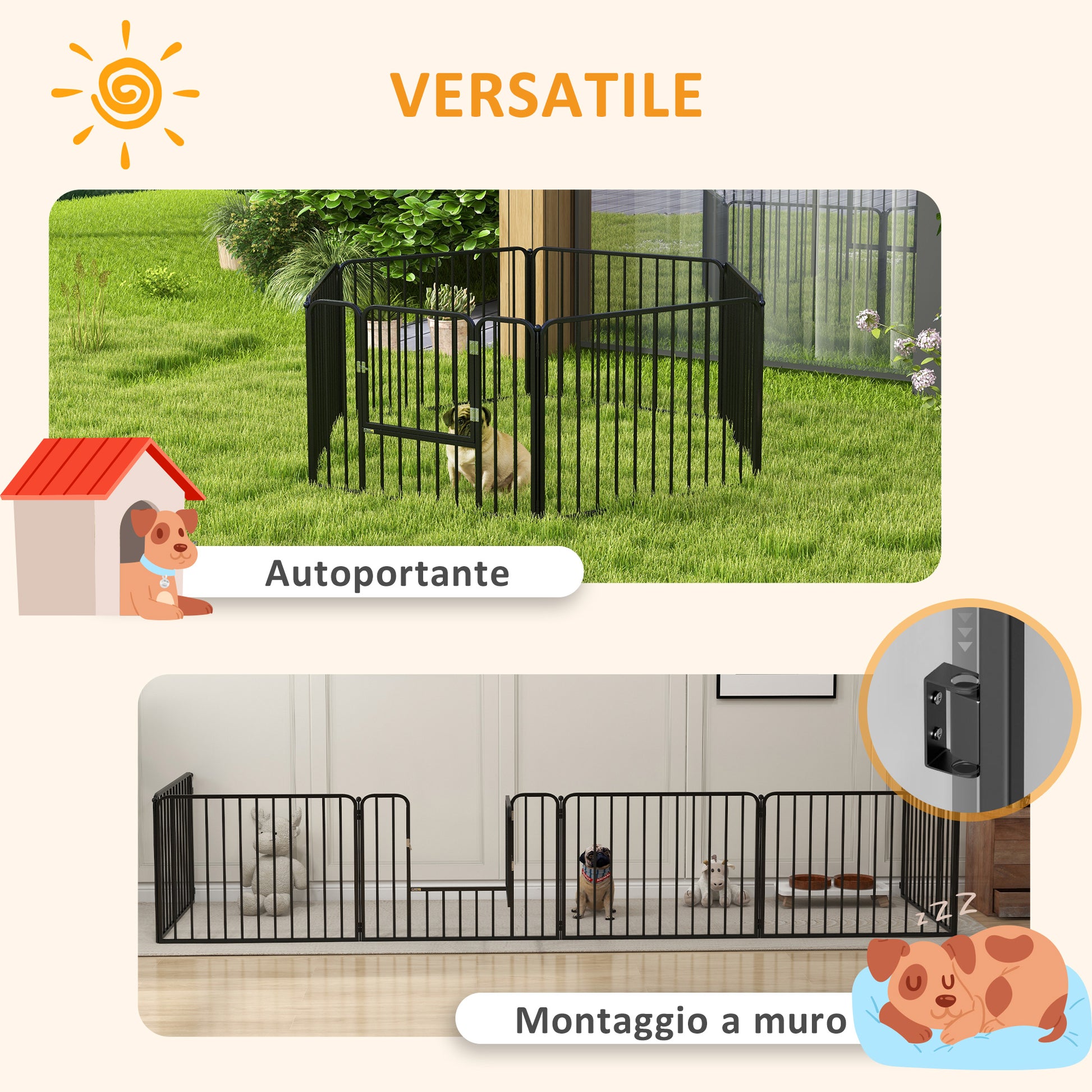 Medium and Small Dog Pen with 6 Modular Panels for Indoor and Outdoor, Steel Dog Gate with 7 Stakes, 164x83x60 cm, Black