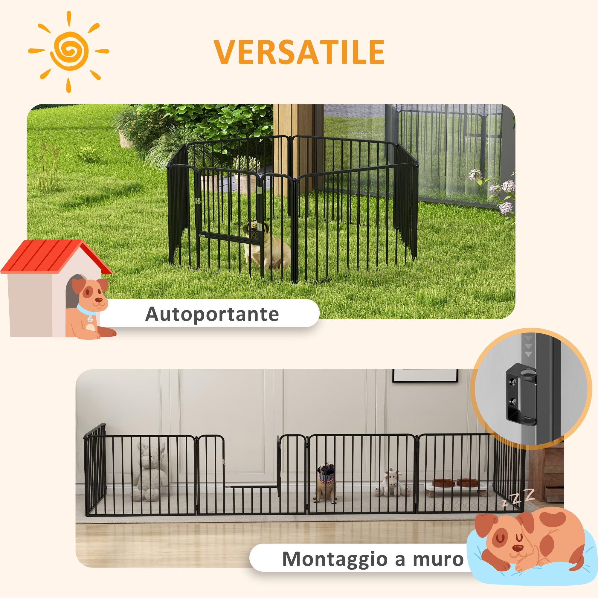 Medium and Small Dog Pen with 6 Modular Panels for Indoor and Outdoor, Steel Dog Gate with 7 Stakes, 164x83x60 cm, Black
