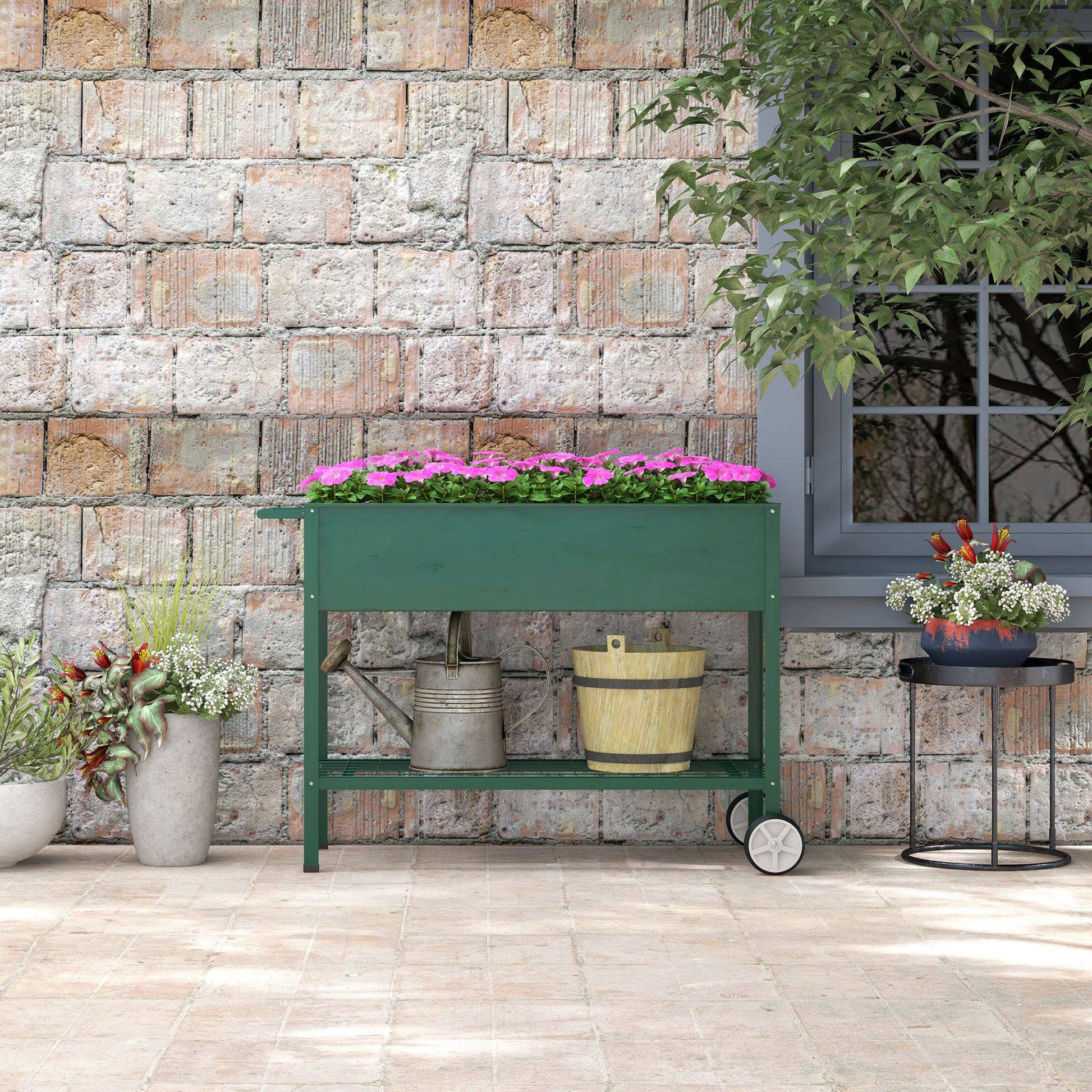 Raised Garden Bed 109x44x80 cm Elevated Urban Garden with 2 Wheels Shelf and Side Handle for Growing Plants Flowers Vegetables Green
