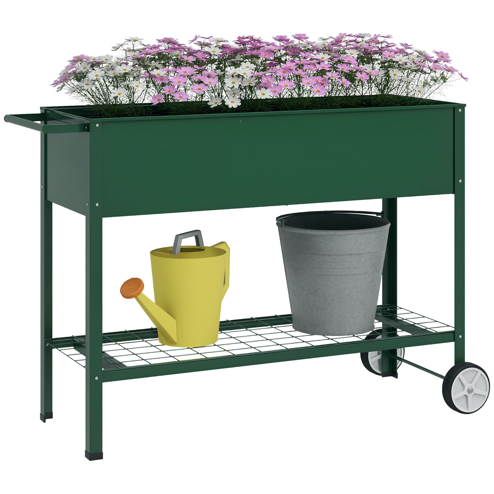 Raised Garden Bed 109x44x80 cm Elevated Urban Garden with 2 Wheels Shelf and Side Handle for Growing Plants Flowers Vegetables Green