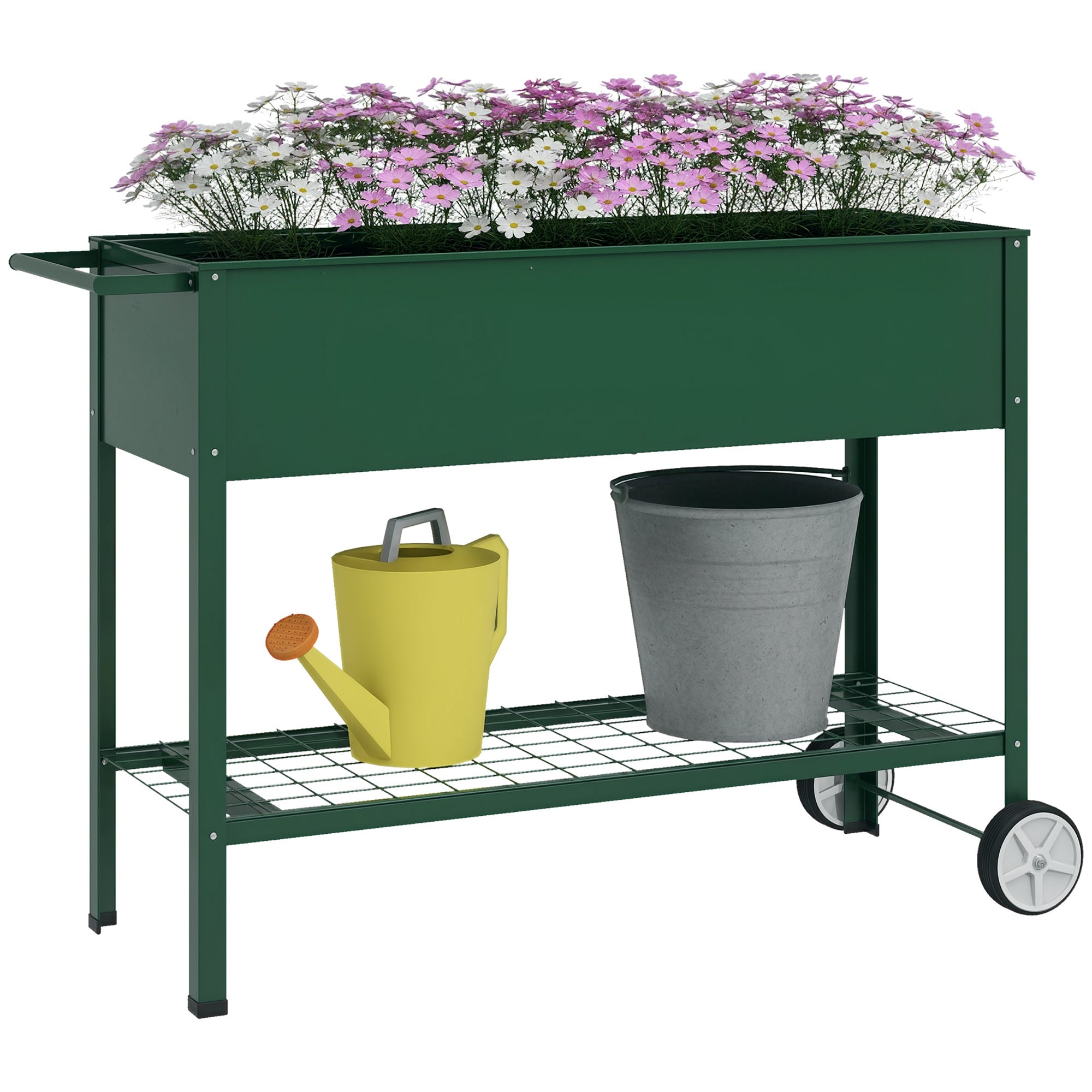 Raised Garden Bed 109x44x80 cm Elevated Urban Garden with 2 Wheels Shelf and Side Handle for Growing Plants Flowers Vegetables Green