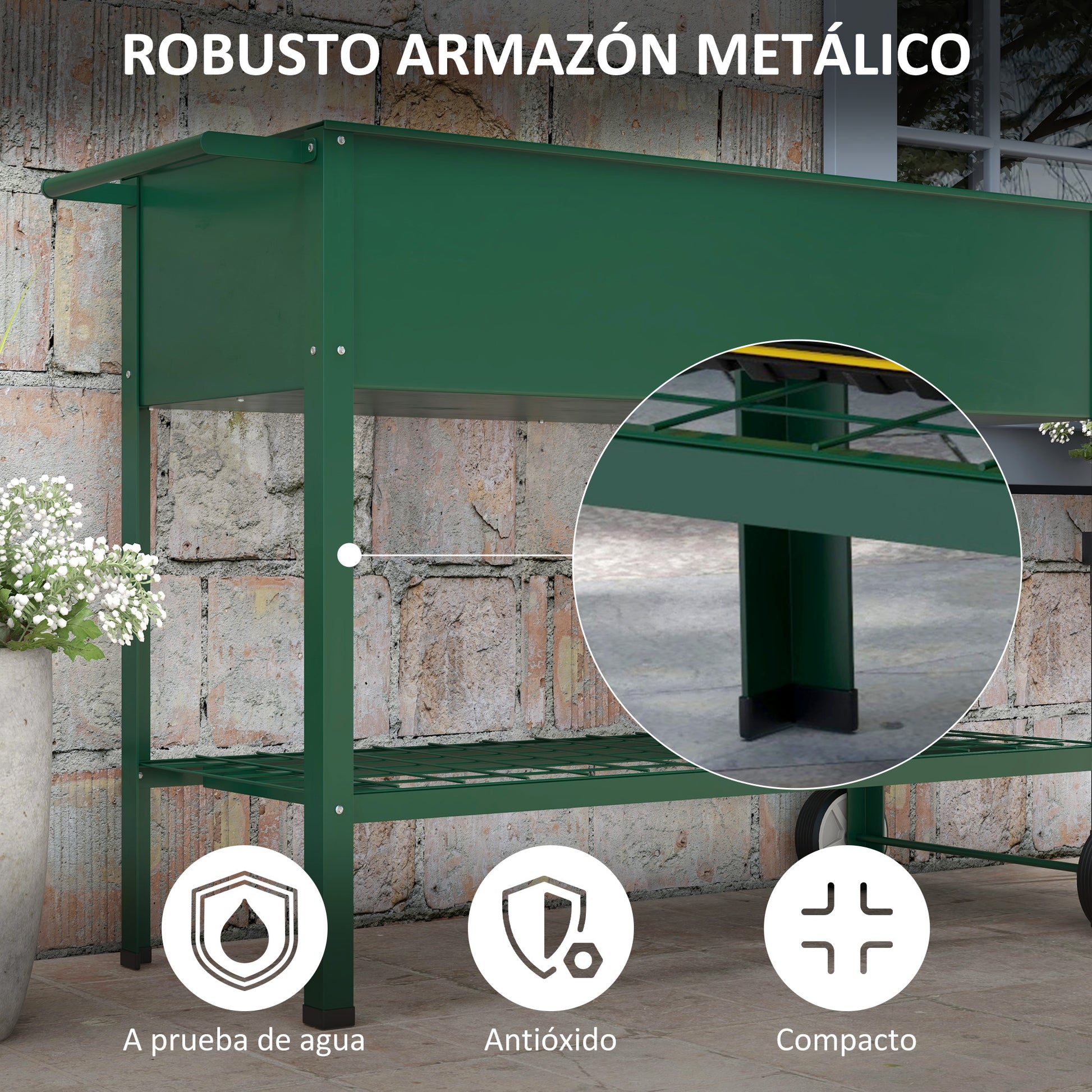 Raised Garden Bed 109x44x80 cm Elevated Urban Garden with 2 Wheels Shelf and Side Handle for Growing Plants Flowers Vegetables Green