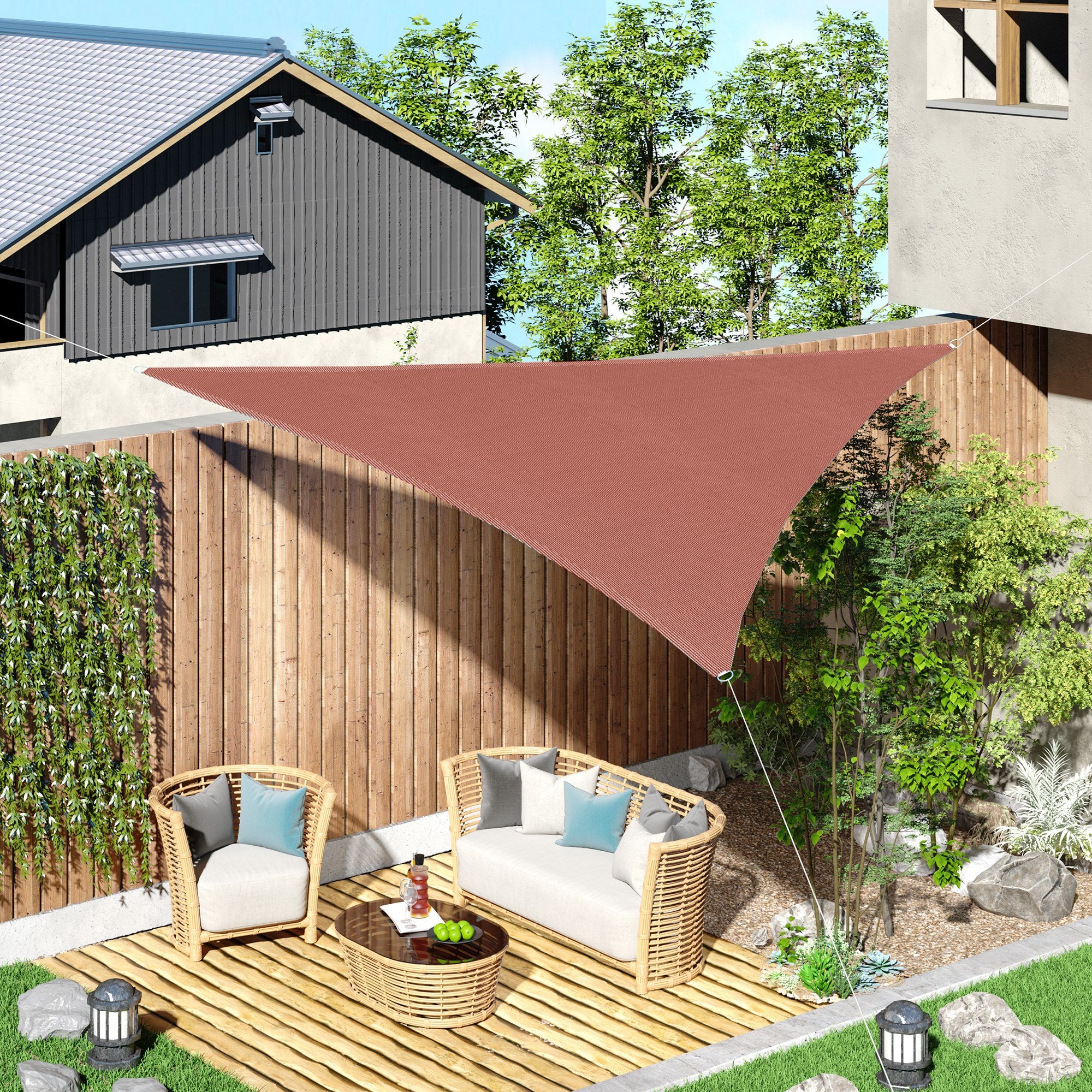 Large Triangular Sun Shade Sail 4 x 4 x 4 m High-density Polyethylene UV Resistant Rusty Red Color