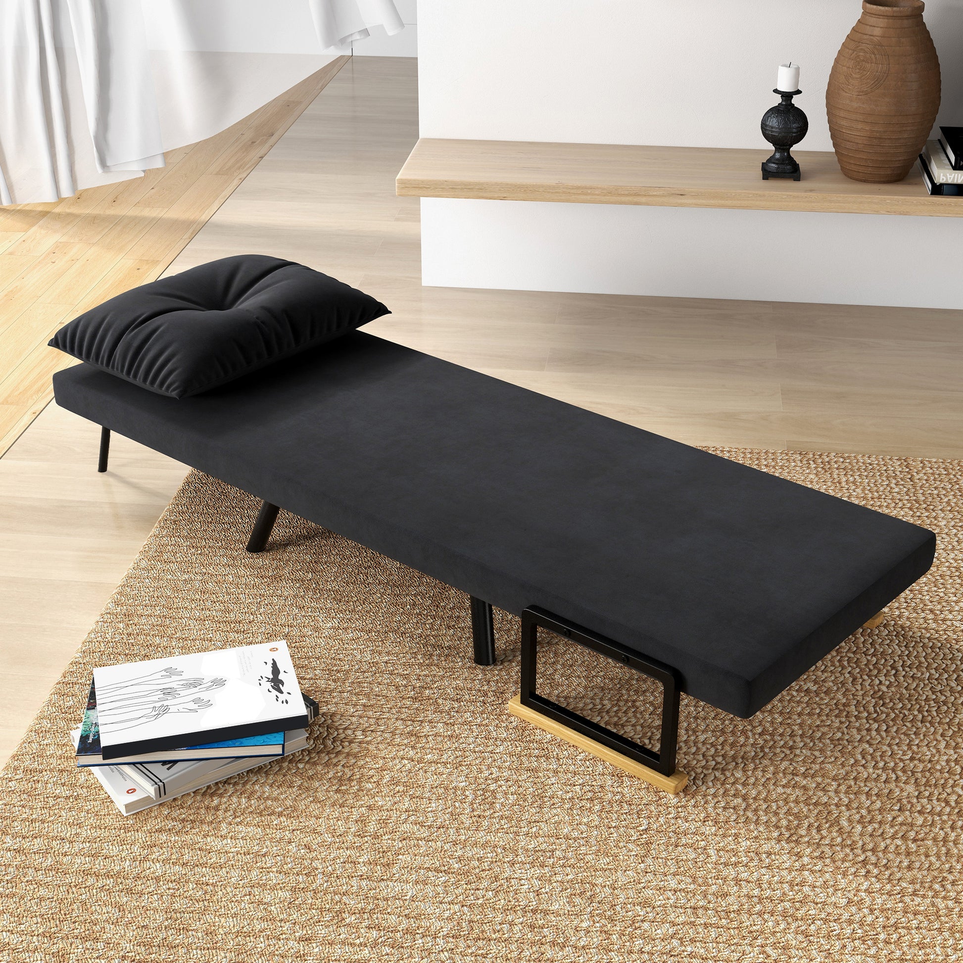 1-Seater Sofa Bed Foldable Upholstered in Velvet with Adjustable 5-Level Backrest and Padded Pillow for Office Bedroom Living Room 63x73x81 cm Black