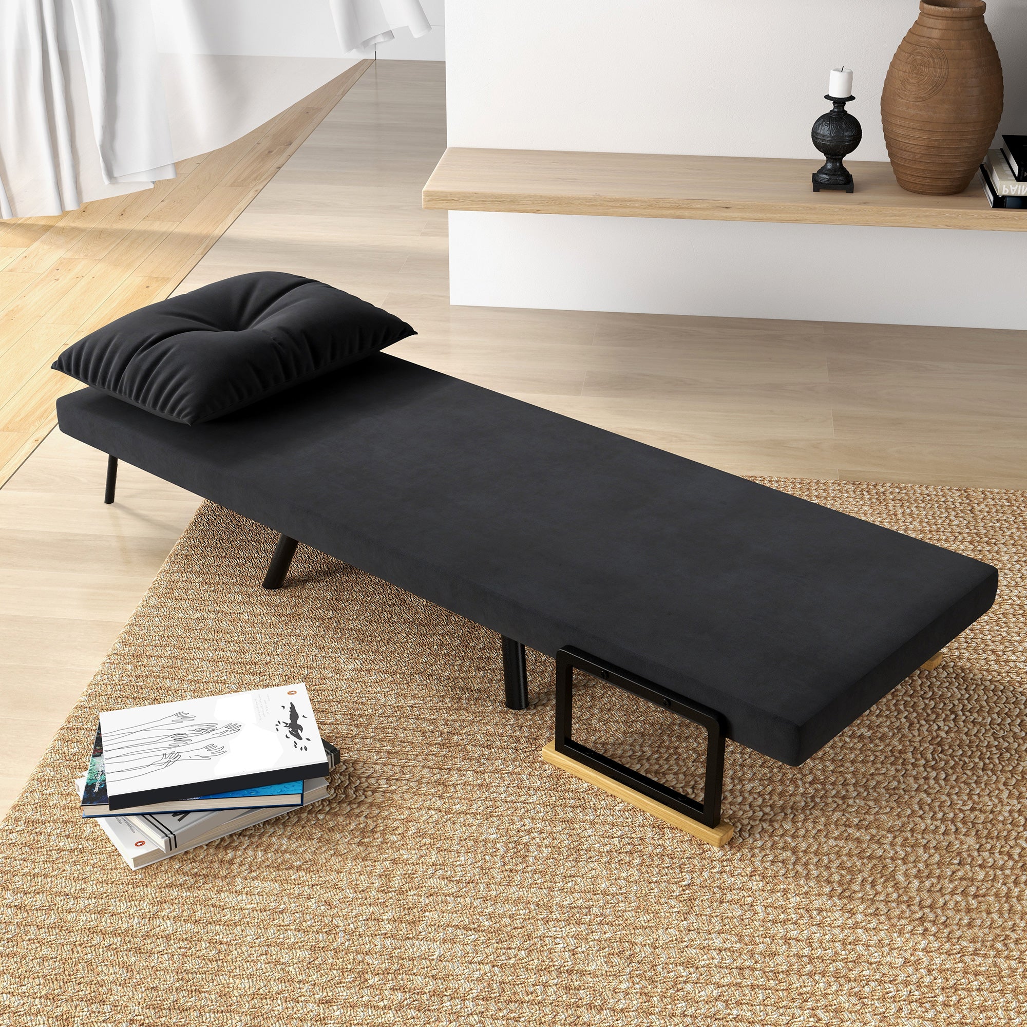 1-Seater Sofa Bed Foldable Upholstered in Velvet with Adjustable 5-Level Backrest and Padded Pillow for Office Bedroom Living Room 63x73x81 cm Black