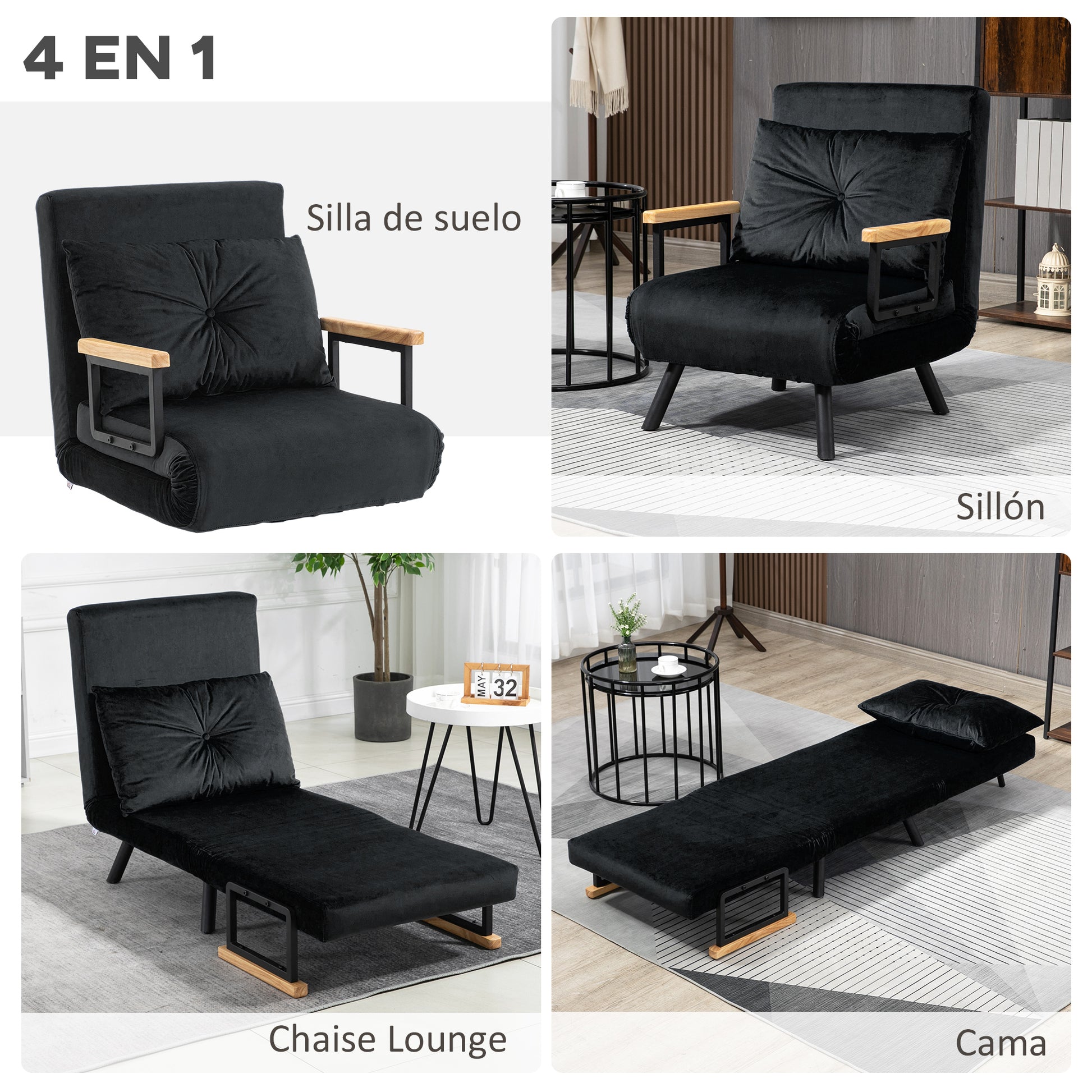 1-Seater Sofa Bed Foldable Upholstered in Velvet with Adjustable 5-Level Backrest and Padded Pillow for Office Bedroom Living Room 63x73x81 cm Black