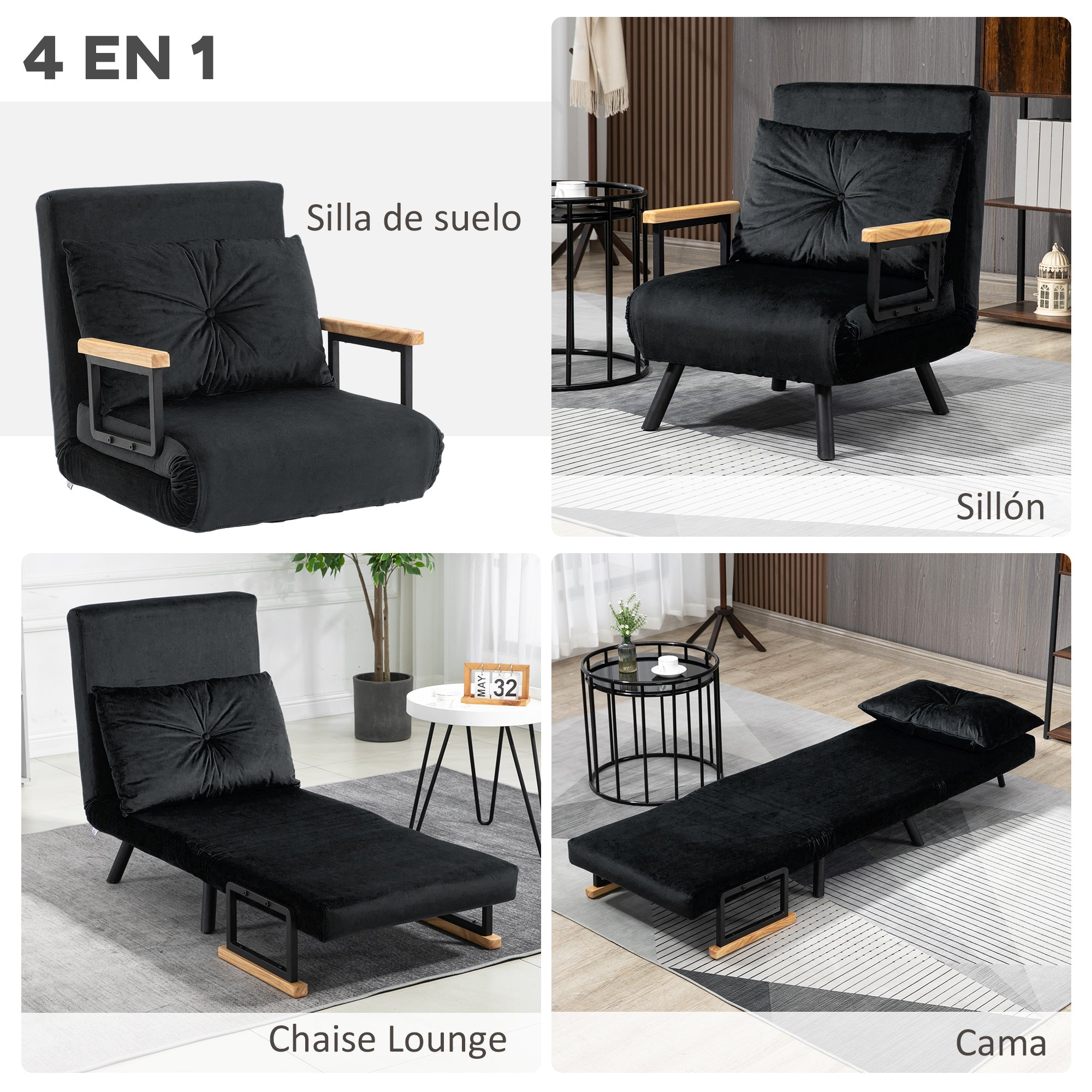 1-Seater Sofa Bed Foldable Upholstered in Velvet with Adjustable 5-Level Backrest and Padded Pillow for Office Bedroom Living Room 63x73x81 cm Black