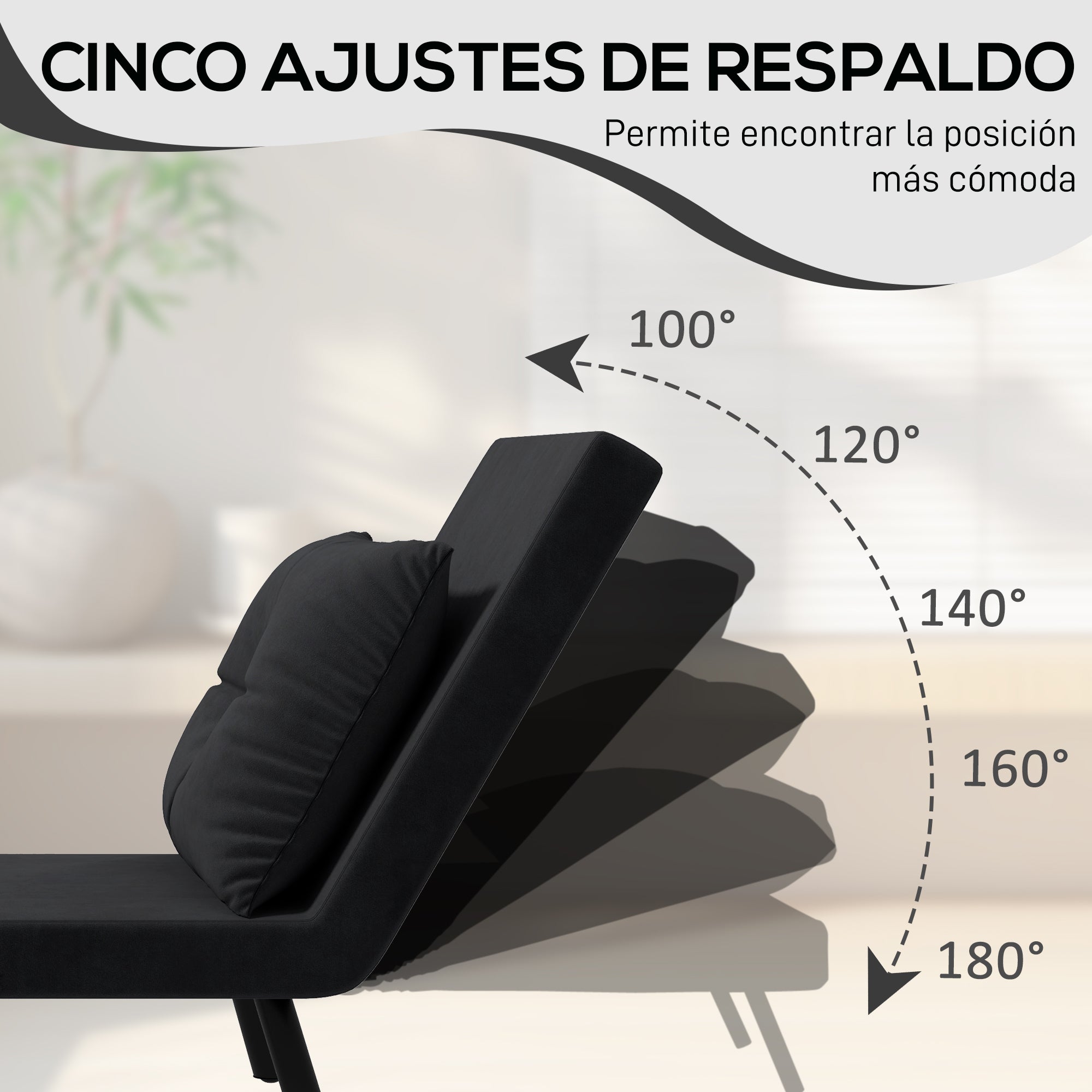 1-Seater Sofa Bed Foldable Upholstered in Velvet with Adjustable 5-Level Backrest and Padded Pillow for Office Bedroom Living Room 63x73x81 cm Black