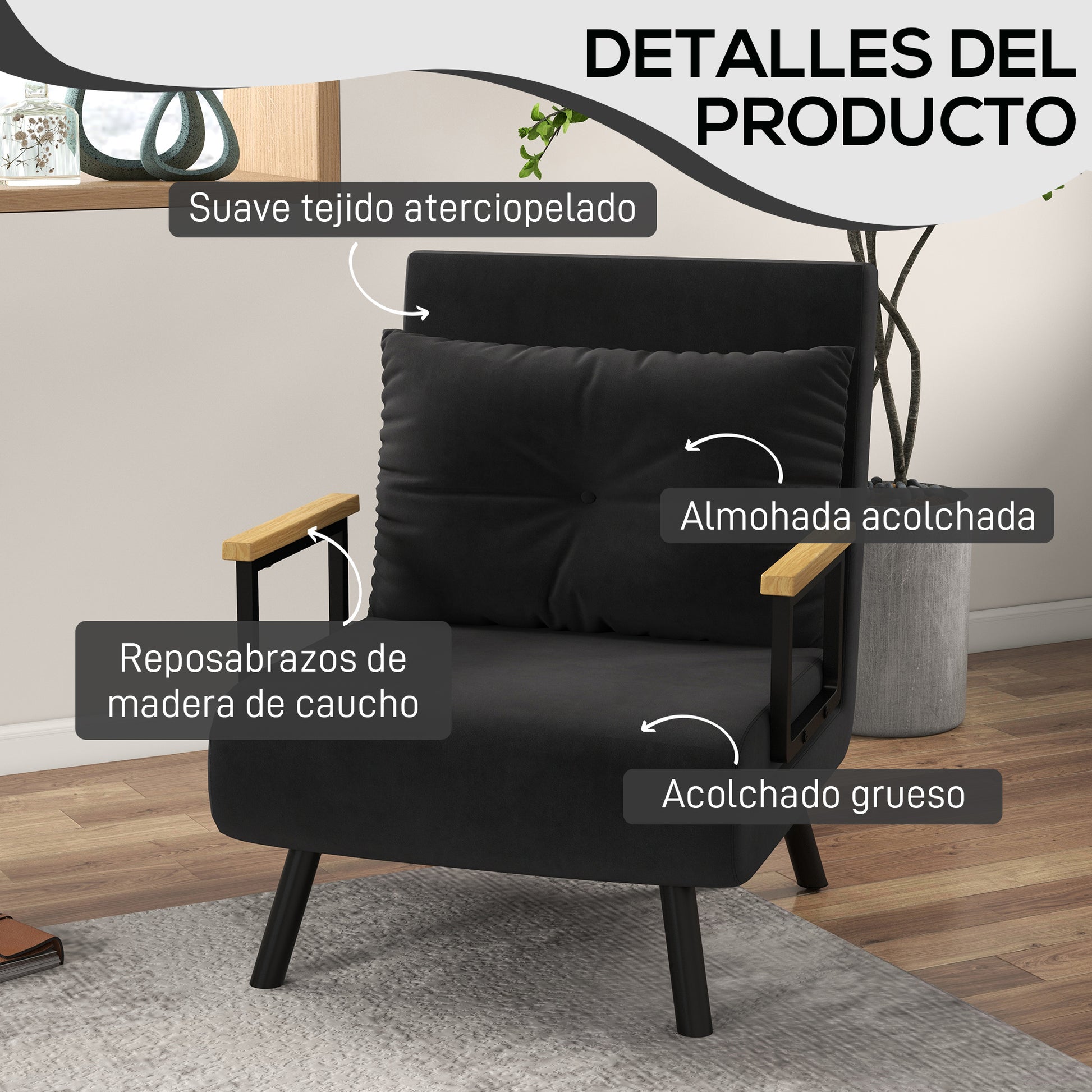 1-Seater Sofa Bed Foldable Upholstered in Velvet with Adjustable 5-Level Backrest and Padded Pillow for Office Bedroom Living Room 63x73x81 cm Black