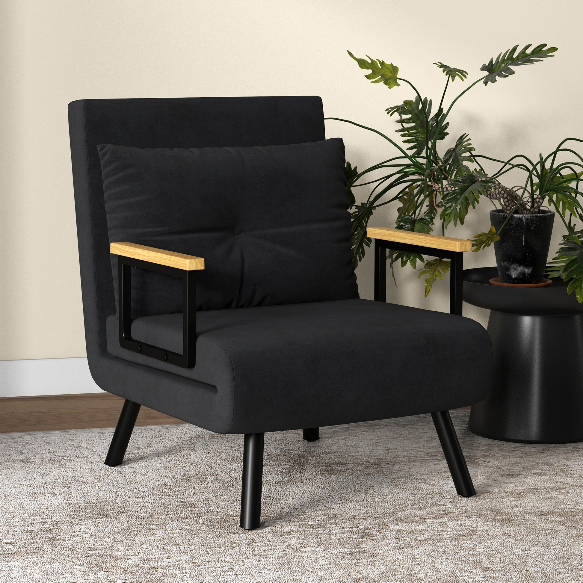 1-Seater Sofa Bed Foldable Upholstered in Velvet with Adjustable 5-Level Backrest and Padded Pillow for Office Bedroom Living Room 63x73x81 cm Black