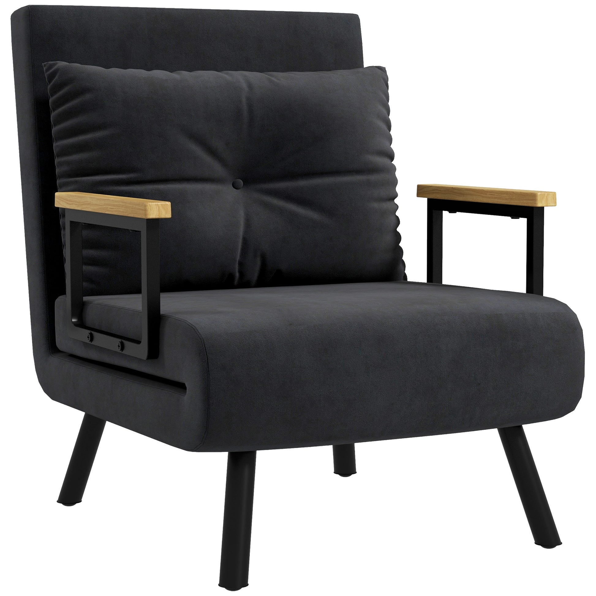 1-Seater Sofa Bed Foldable Upholstered in Velvet with Adjustable 5-Level Backrest and Padded Pillow for Office Bedroom Living Room 63x73x81 cm Black