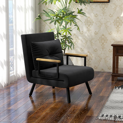 1-Seater Sofa Bed Foldable Upholstered in Velvet with Adjustable 5-Level Backrest and Padded Pillow for Office Bedroom Living Room 63x73x81 cm Black