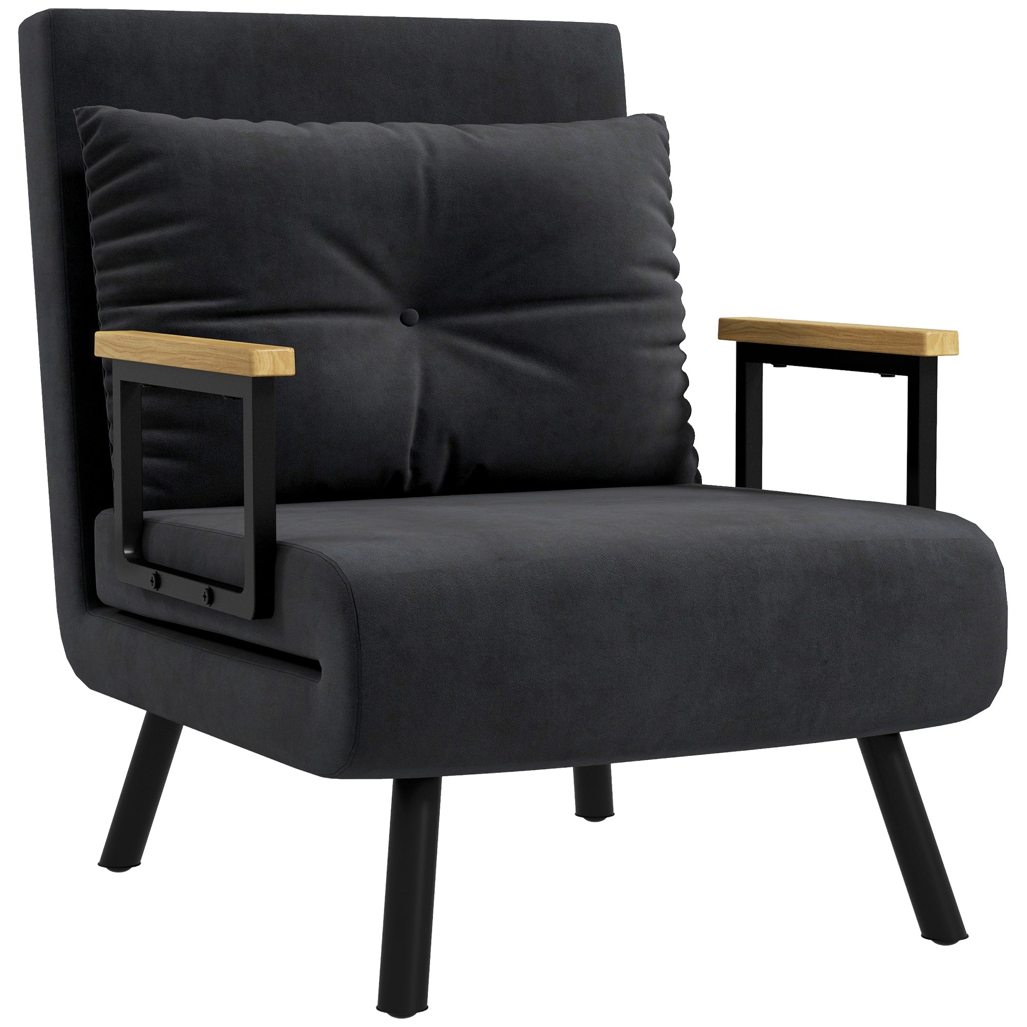 1-Seater Sofa Bed Foldable Upholstered in Velvet with Adjustable 5-Level Backrest and Padded Pillow for Office Bedroom Living Room 63x73x81 cm Black