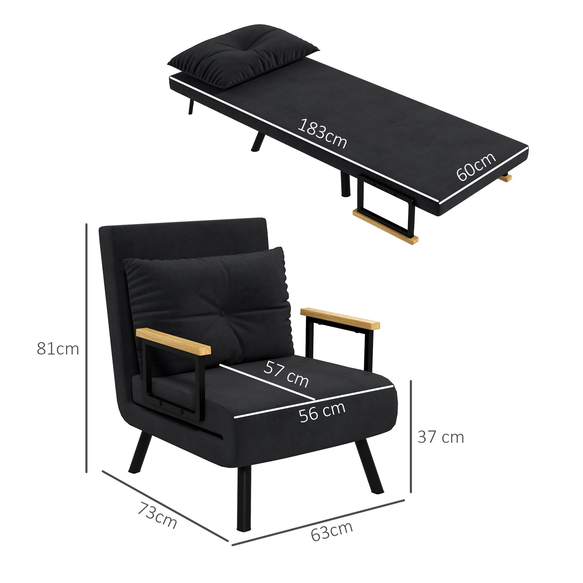 1-Seater Sofa Bed Foldable Upholstered in Velvet with Adjustable 5-Level Backrest and Padded Pillow for Office Bedroom Living Room 63x73x81 cm Black