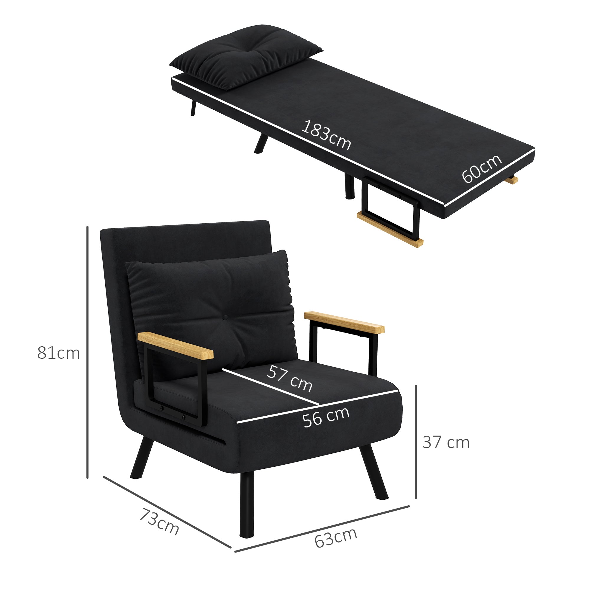 1-Seater Sofa Bed Foldable Upholstered in Velvet with Adjustable 5-Level Backrest and Padded Pillow for Office Bedroom Living Room 63x73x81 cm Black