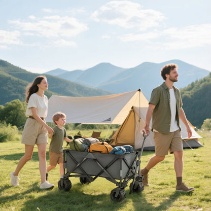 Folding Handcart 360° Garden Trolley Transport Trolley with Telescopic Handle Adjustable Handle Height Beach Trolley up to 70 kg Load Capacity Metal Oxford Dark gray 108 x 55 x 59-89 cm