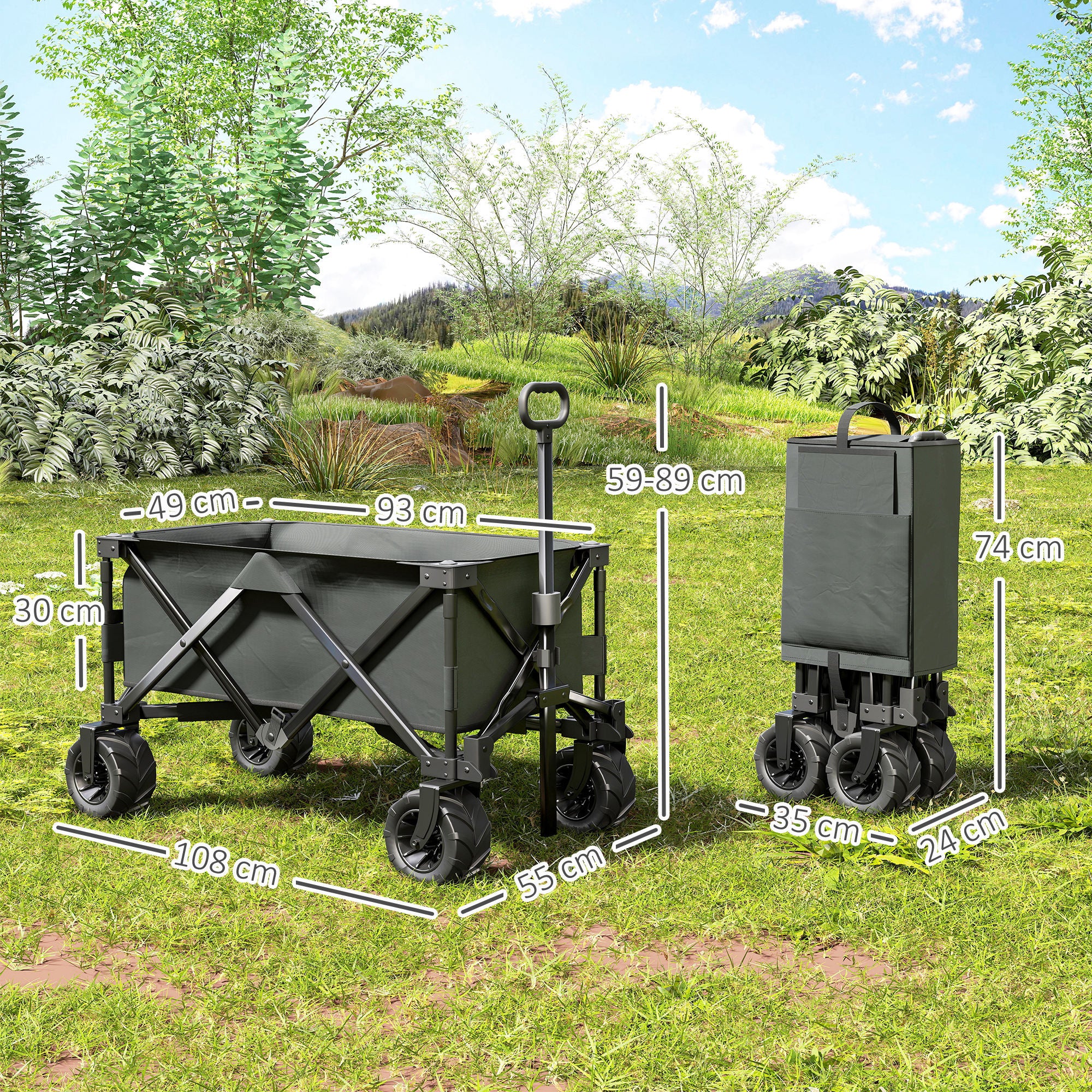 Folding Handcart 360° Garden Trolley Transport Trolley with Telescopic Handle Adjustable Handle Height Beach Trolley up to 70 kg Load Capacity Metal Oxford Dark gray 108 x 55 x 59-89 cm