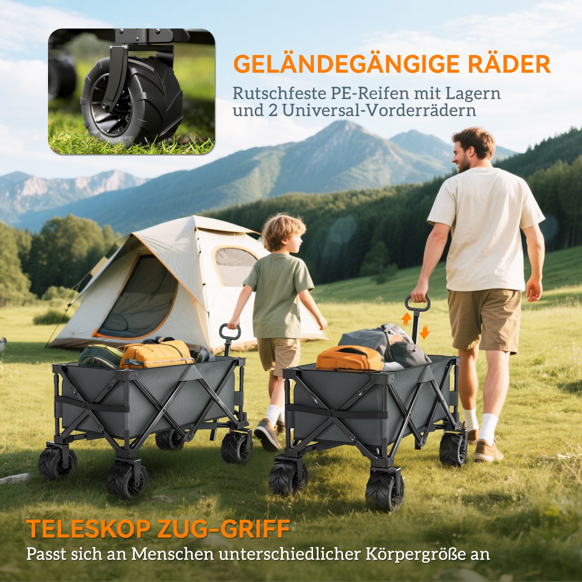 Folding Handcart 360° Garden Trolley Transport Trolley with Telescopic Handle Adjustable Handle Height Beach Trolley up to 70 kg Load Capacity Metal Oxford Dark gray 108 x 55 x 59-89 cm