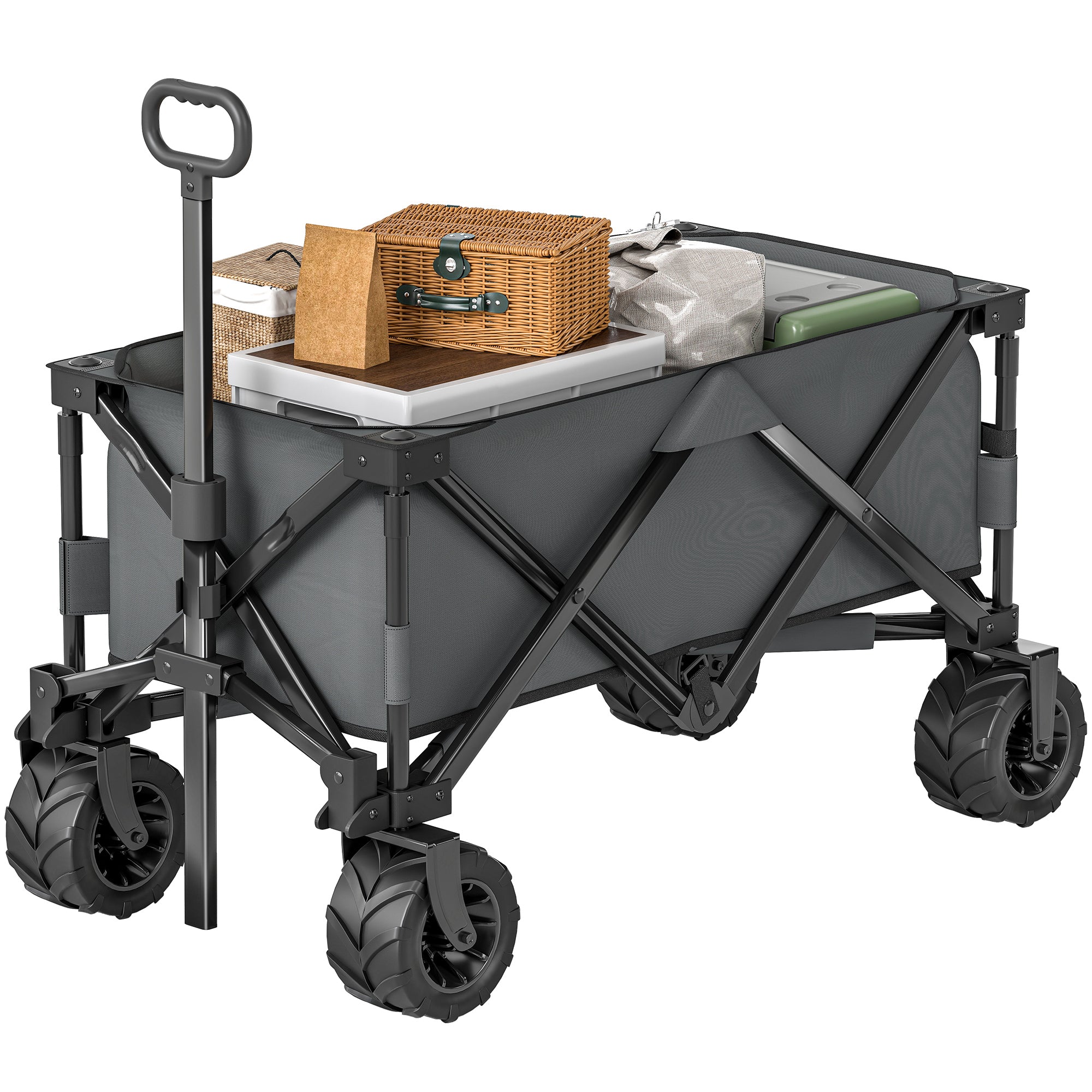 Folding Handcart 360° Garden Trolley Transport Trolley with Telescopic Handle Adjustable Handle Height Beach Trolley up to 70 kg Load Capacity Metal Oxford Dark gray 108 x 55 x 59-89 cm