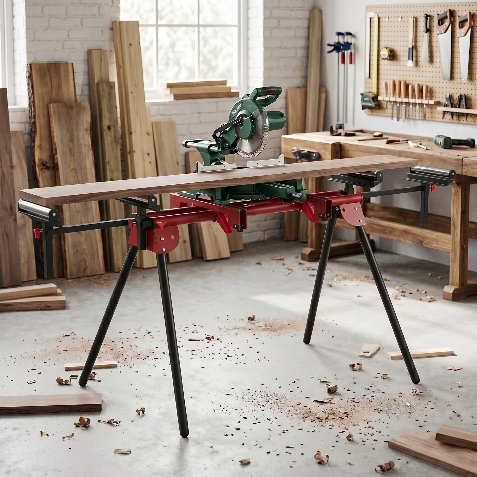2-Pack Folding Adjustable Saw Horse – Metal Work Stand with Extendable Roller Supports, Height Adjustable, Supports up to 331 lb, Red