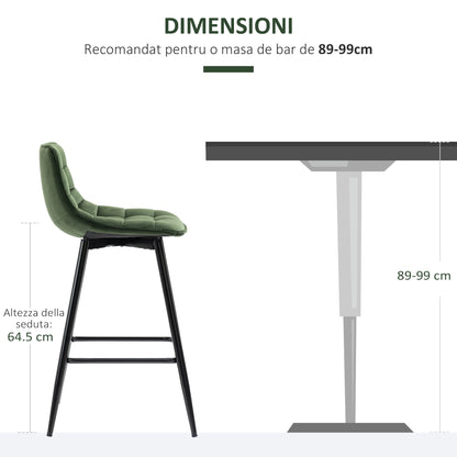 Set of 2 High Stools in Nordic Style with Backrest and Footrest, Stools with Velvet Effect Fabric and Metal, 45x47x84 cm, Green