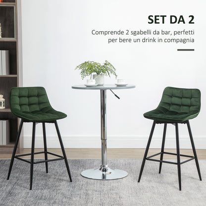 Set of 2 High Stools in Nordic Style with Backrest and Footrest, Stools with Velvet Effect Fabric and Metal, 45x47x84 cm, Green