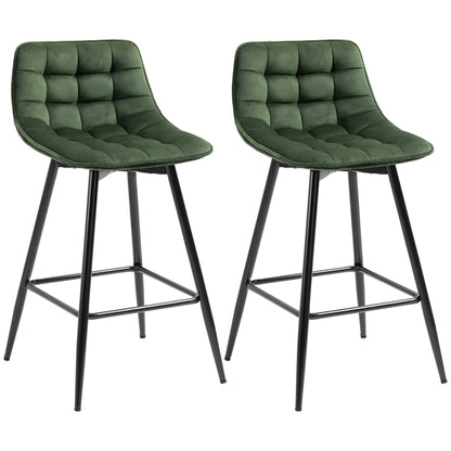 Set of 2 High Stools in Nordic Style with Backrest and Footrest, Stools with Velvet Effect Fabric and Metal, 45x47x84 cm, Green