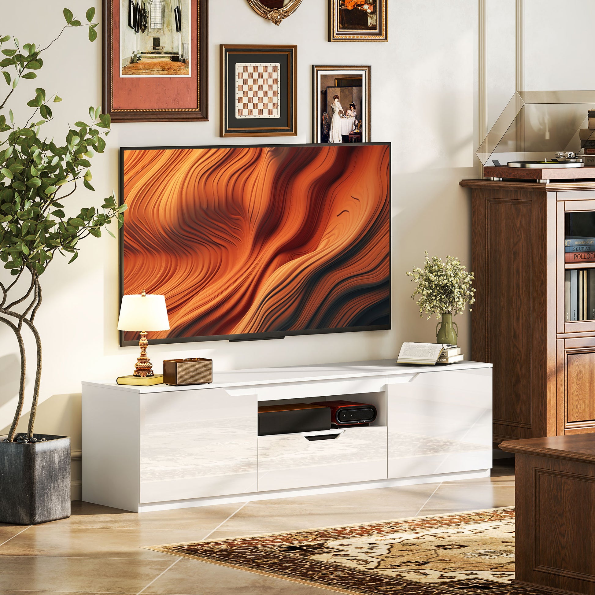 TV Cabinet Lowboard with 2 Doors, Drawer, 160 cm Long TV Stand for TVs up to 65 Inches, TV Board with Cable Management for Living Room, White