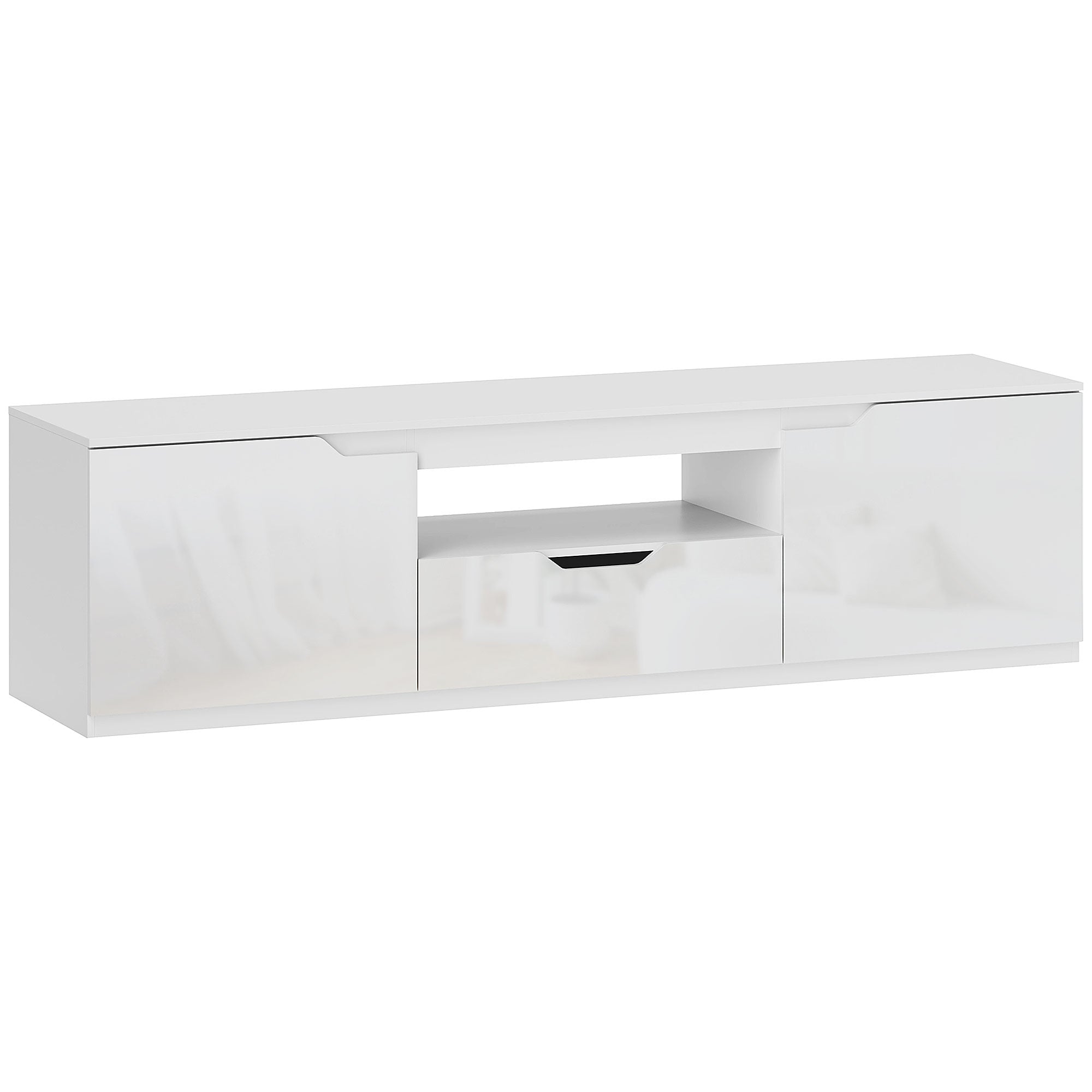 TV Cabinet Lowboard with 2 Doors, Drawer, 160 cm Long TV Stand for TVs up to 65 Inches, TV Board with Cable Management for Living Room, White