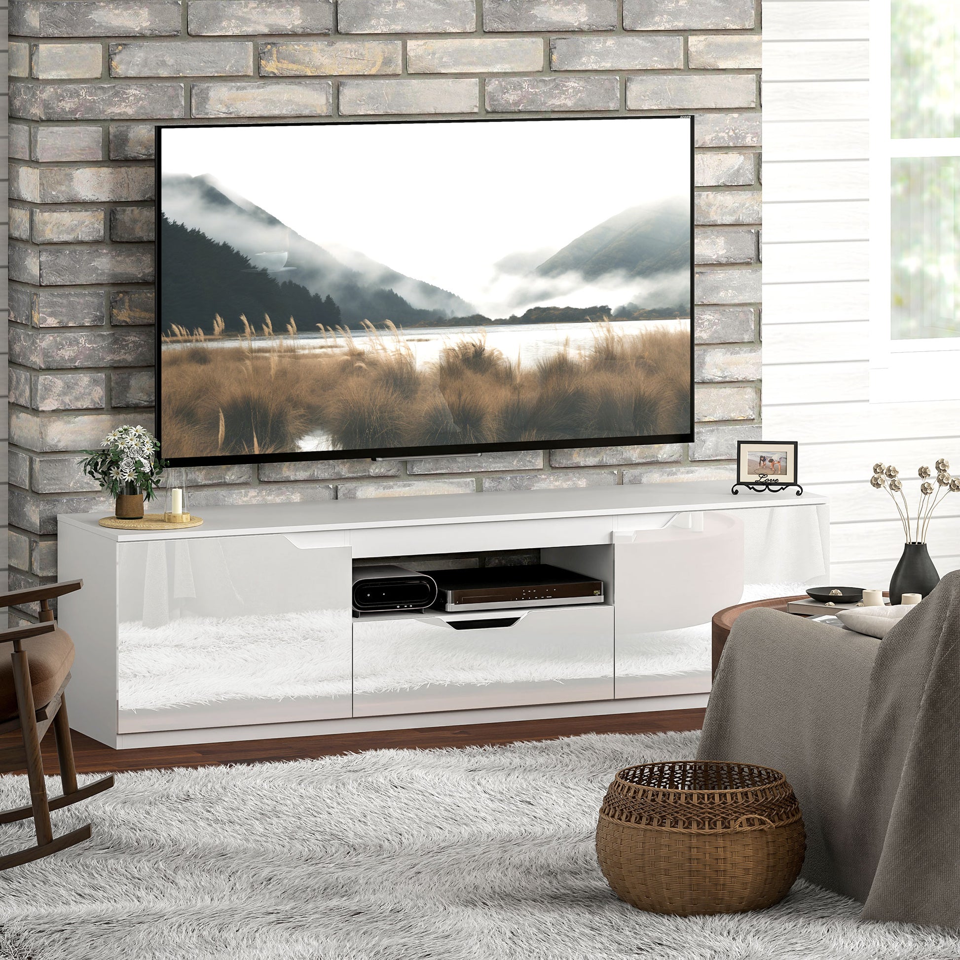 TV Cabinet Lowboard with 2 Doors, Drawer, 160 cm Long TV Stand for TVs up to 65 Inches, TV Board with Cable Management for Living Room, White