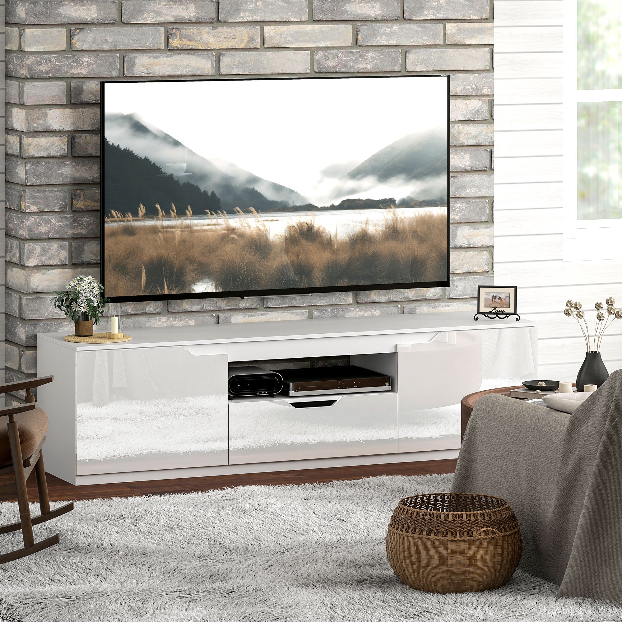 TV Cabinet Lowboard with 2 Doors, Drawer, 160 cm Long TV Stand for TVs up to 65 Inches, TV Board with Cable Management for Living Room, White