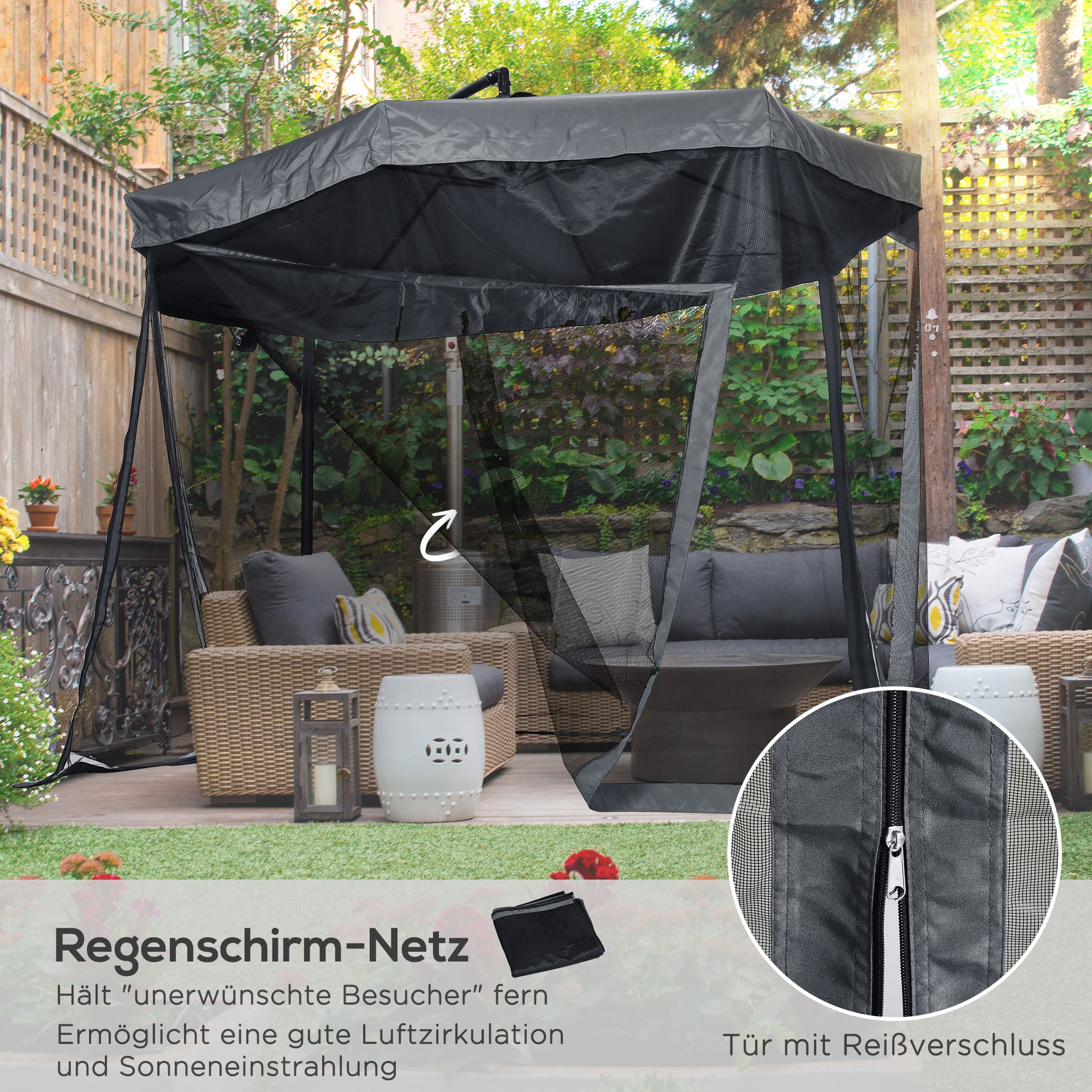 Cantilever Umbrella, 295 x 295cm Sun Umbrella with Hand Crank and Mosquito Net, 360° Rotating Garden Umbrella for 8 People, Market Umbrella for Balcony, Steel, Polyester Dark Gray