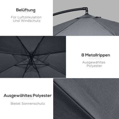 Cantilever Umbrella, 295 x 295cm Sun Umbrella with Hand Crank and Mosquito Net, 360° Rotating Garden Umbrella for 8 People, Market Umbrella for Balcony, Steel, Polyester Dark Gray