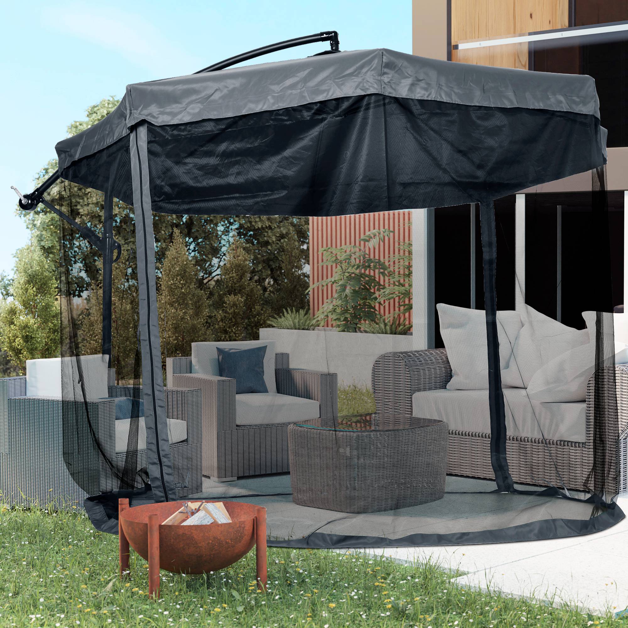 Cantilever Umbrella, 295 x 295cm Sun Umbrella with Hand Crank and Mosquito Net, 360° Rotating Garden Umbrella for 8 People, Market Umbrella for Balcony, Steel, Polyester Dark Gray
