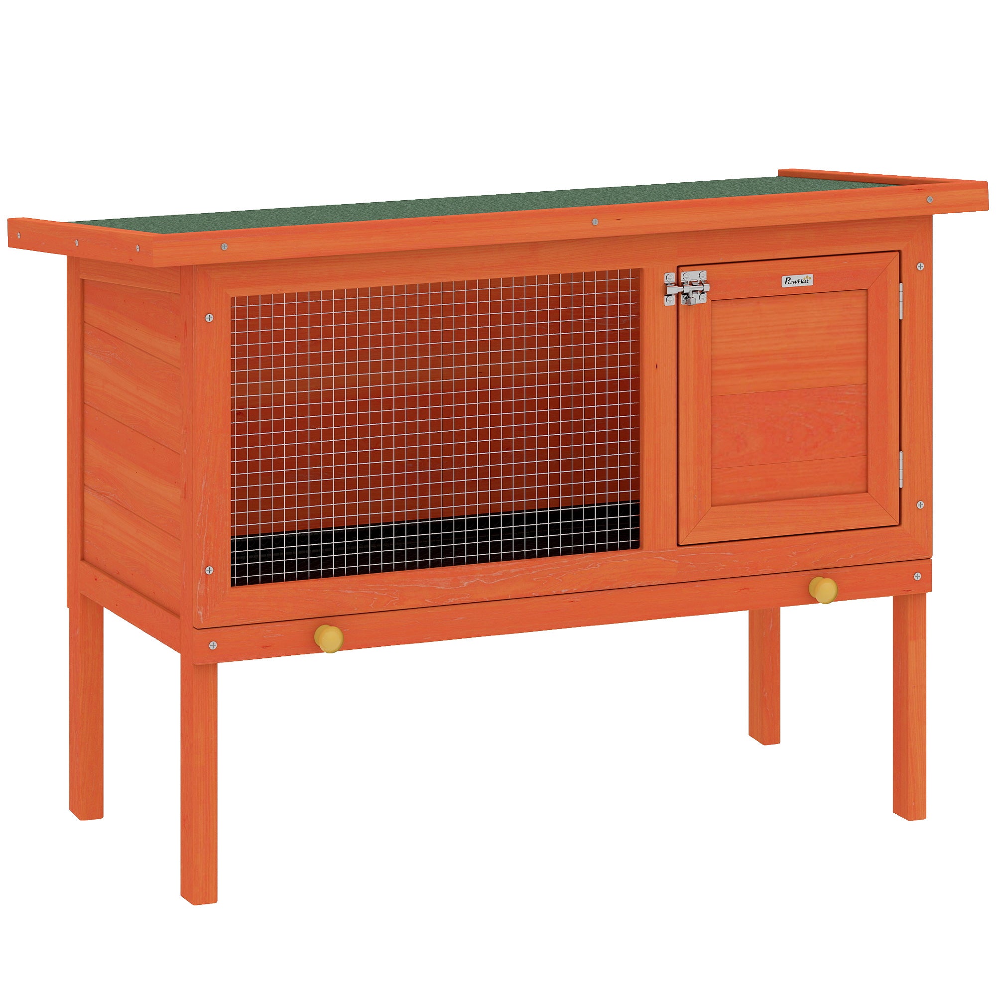 Wooden Rabbit Hutch 90 x 45 x 65 cm (35.4 x 17.7 x 25.6 in) – Elevated Outdoor Small Animal Hutch with Hinged Asphalt Roof, Pull-Out Tray, Door & Galvanized Wire, Orange