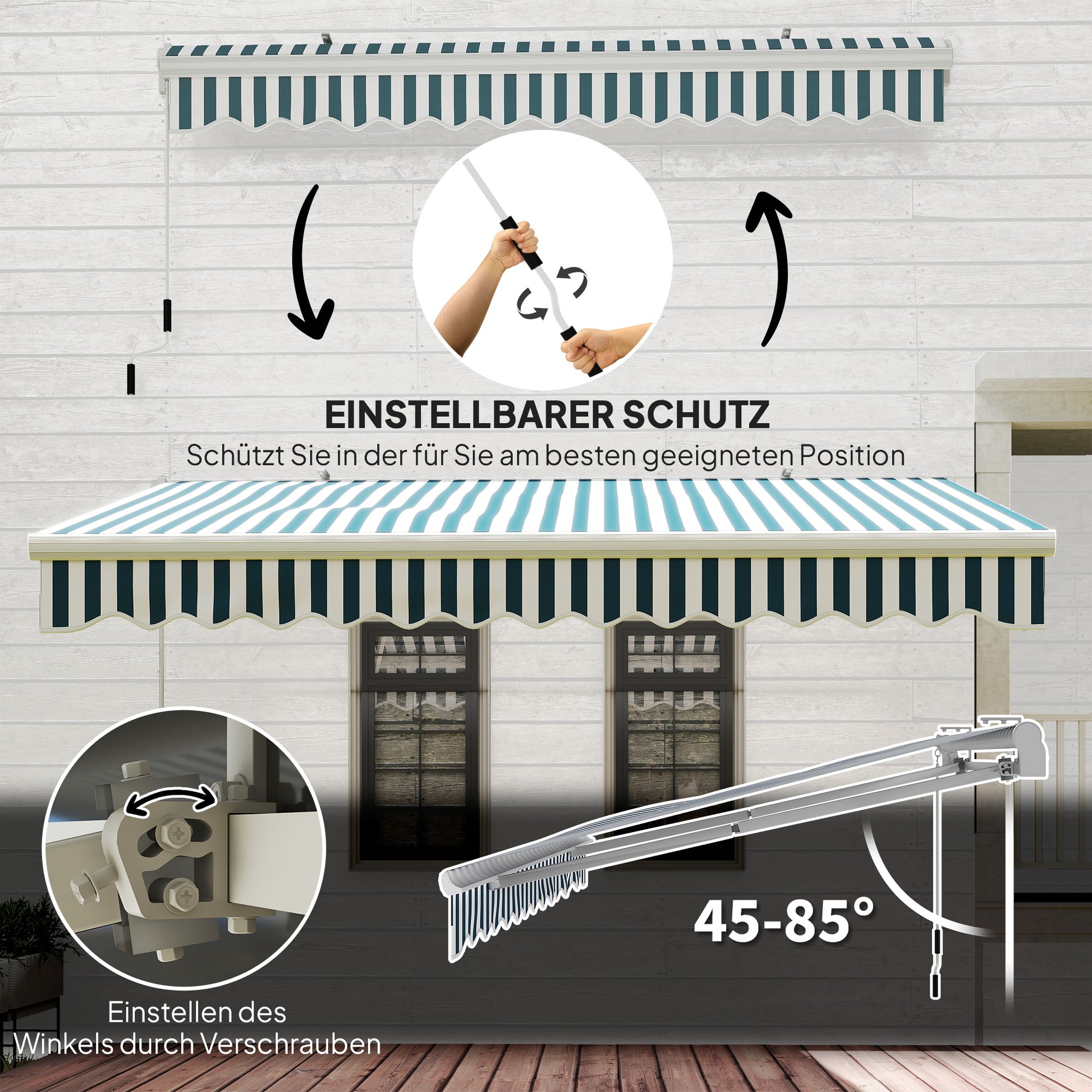 Manual Retractable Folding Arm Awning 3.95m with Hand Crank Balcony Awning Sun Protection Wall Mount Balcony Alu White+Green 395 x 245 cm
