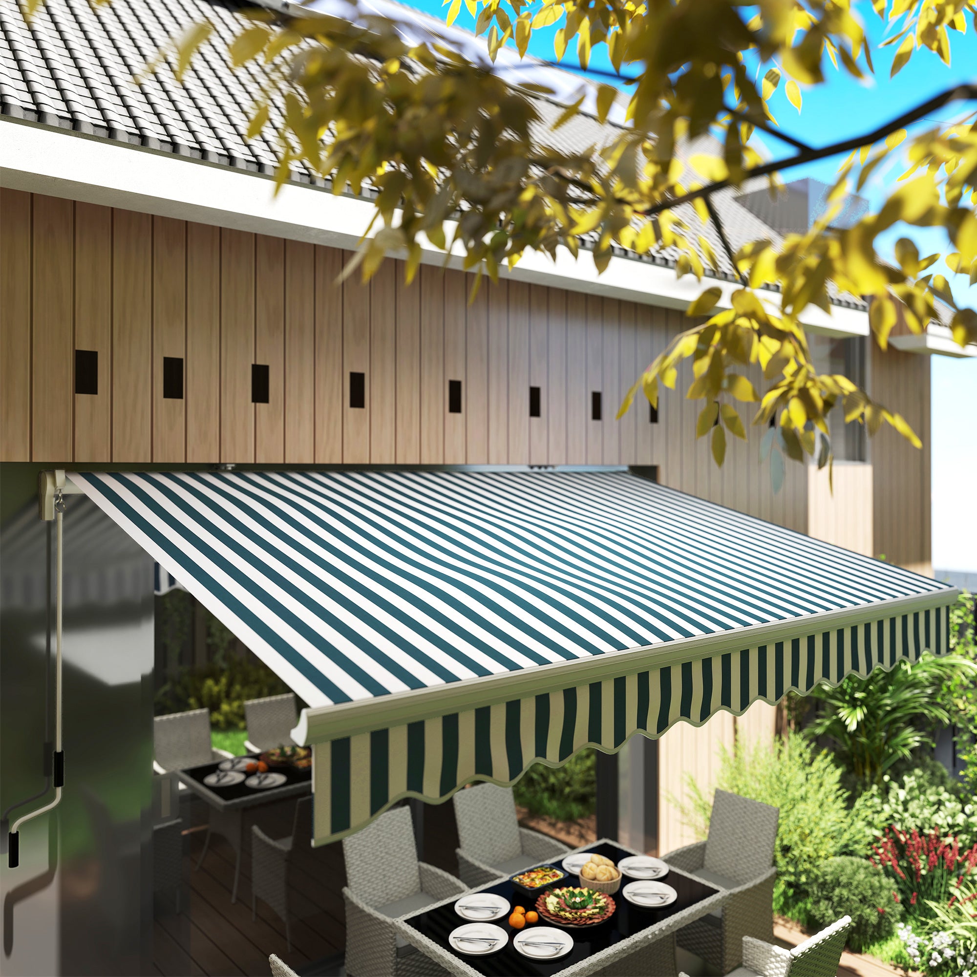 Manual Retractable Folding Arm Awning 3.95m with Hand Crank Balcony Awning Sun Protection Wall Mount Balcony Alu White+Green 395 x 245 cm