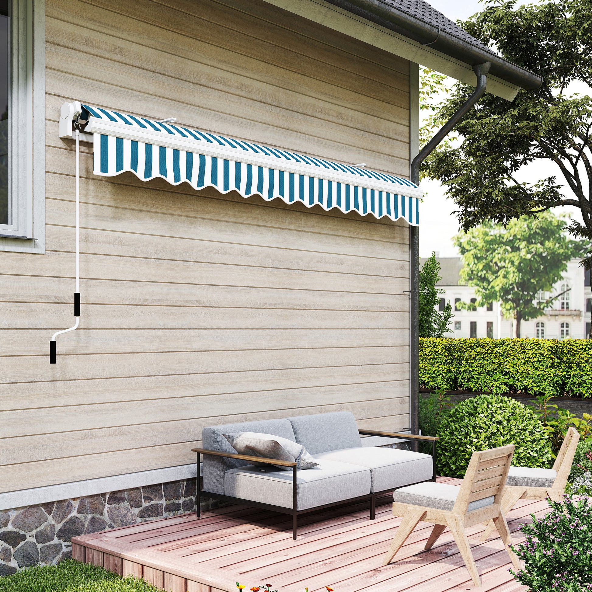 Manual Retractable Folding Arm Awning 3.95m with Hand Crank Balcony Awning Sun Protection Wall Mount Balcony Alu White+Green 395 x 245 cm