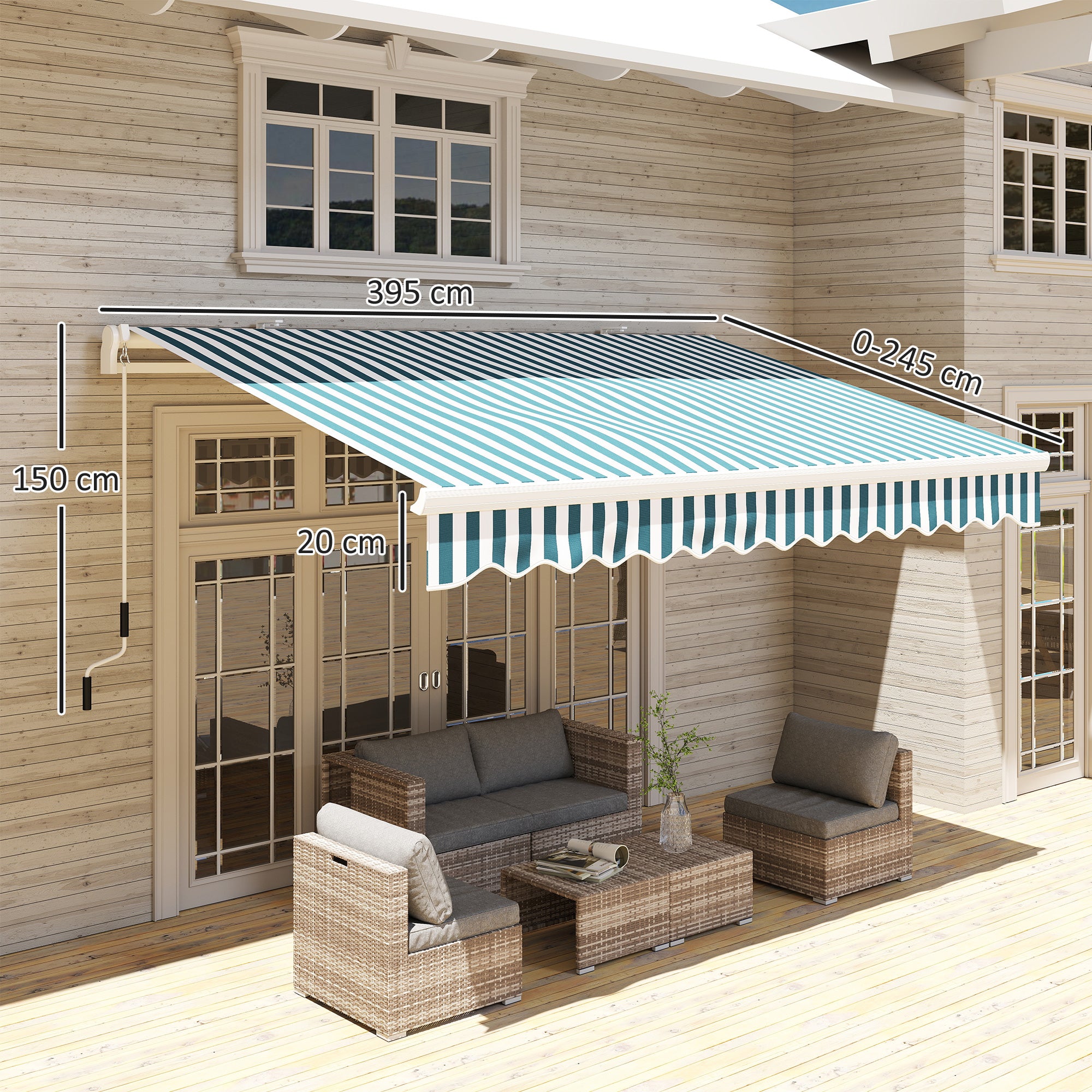 Manual Retractable Folding Arm Awning 3.95m with Hand Crank Balcony Awning Sun Protection Wall Mount Balcony Alu White+Green 395 x 245 cm