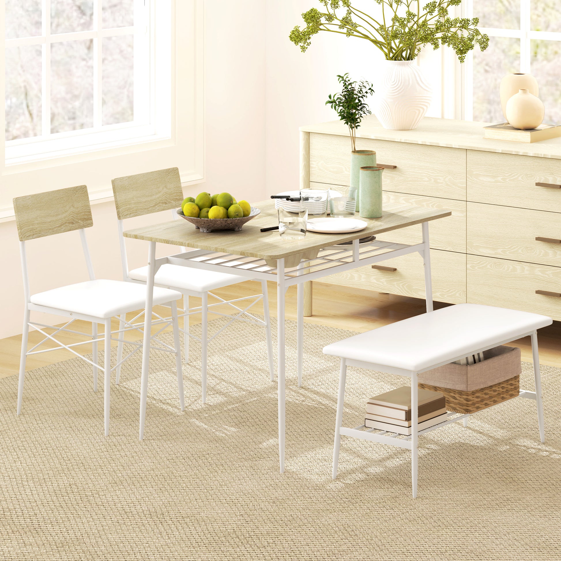 Dining Set Dining Table with Bench and 2 Chairs Space-Saving Kitchen Table Set with Storage for 4 People Dining Group for Dining Room, Kitchen, Oak
